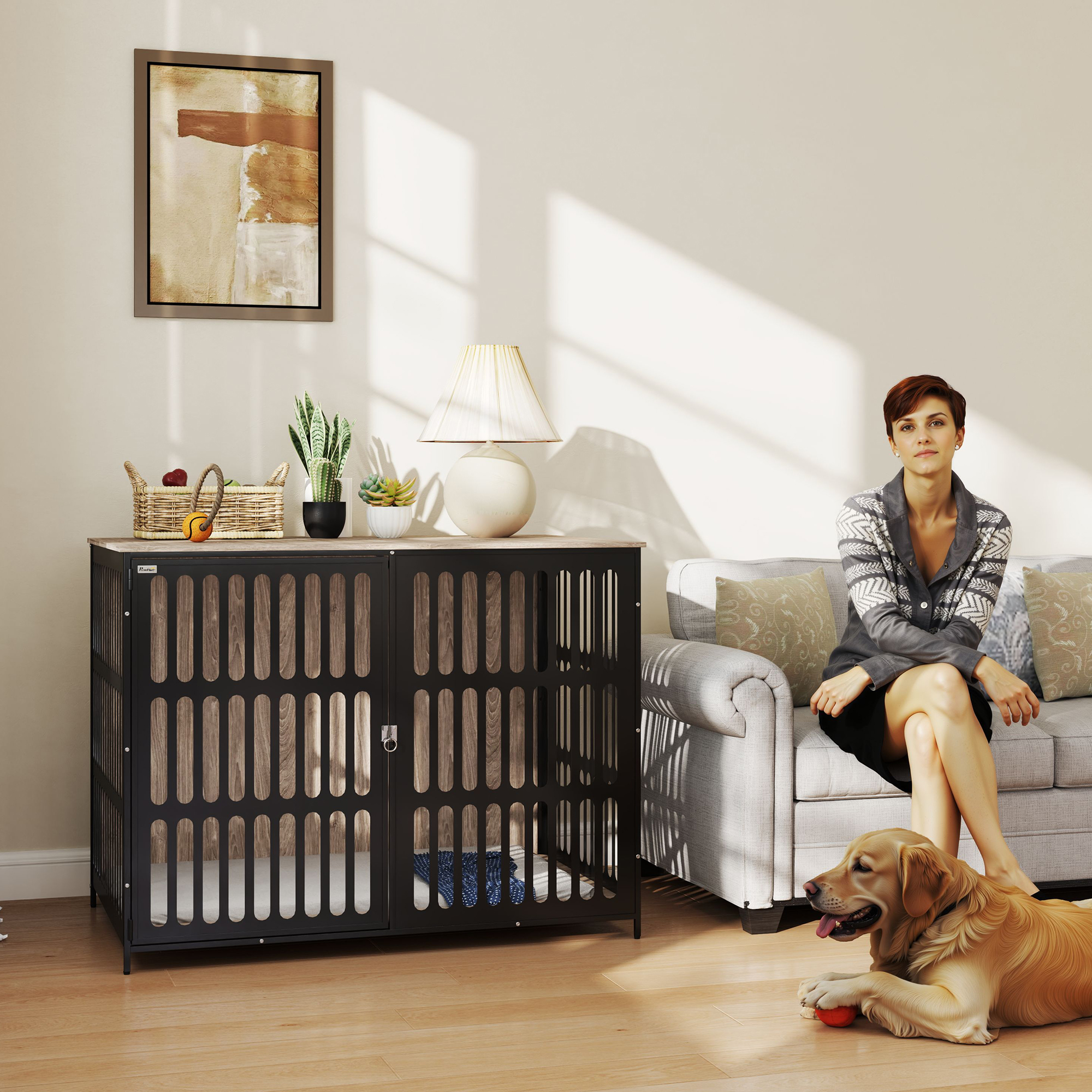 PawHut Dog Crate Furniture with Anti-Chew Resistant Mesh, Anti-Escape Single Door, for Extra Large Dogs, 118 x 80 x 92 cm 9