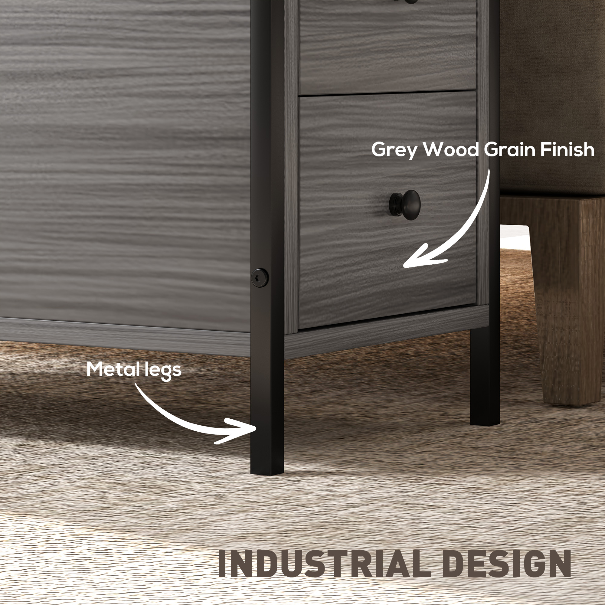 HOMCOM Side Table, Narrow Bedside Table with 2 Drawers and Storage Shelf, Industrial End Table with Metal Frame for Small Spaces, Grey Wood Grain 6