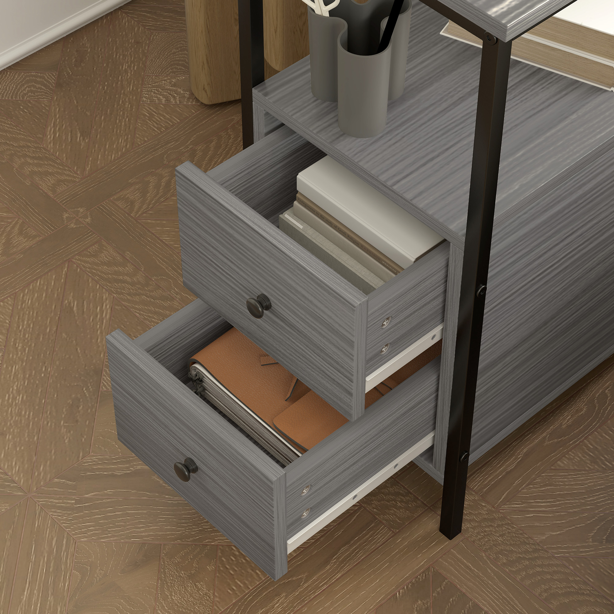 HOMCOM Side Table, Narrow Bedside Table with 2 Drawers and Storage Shelf, Industrial End Table with Metal Frame for Small Spaces, Grey Wood Grain 9