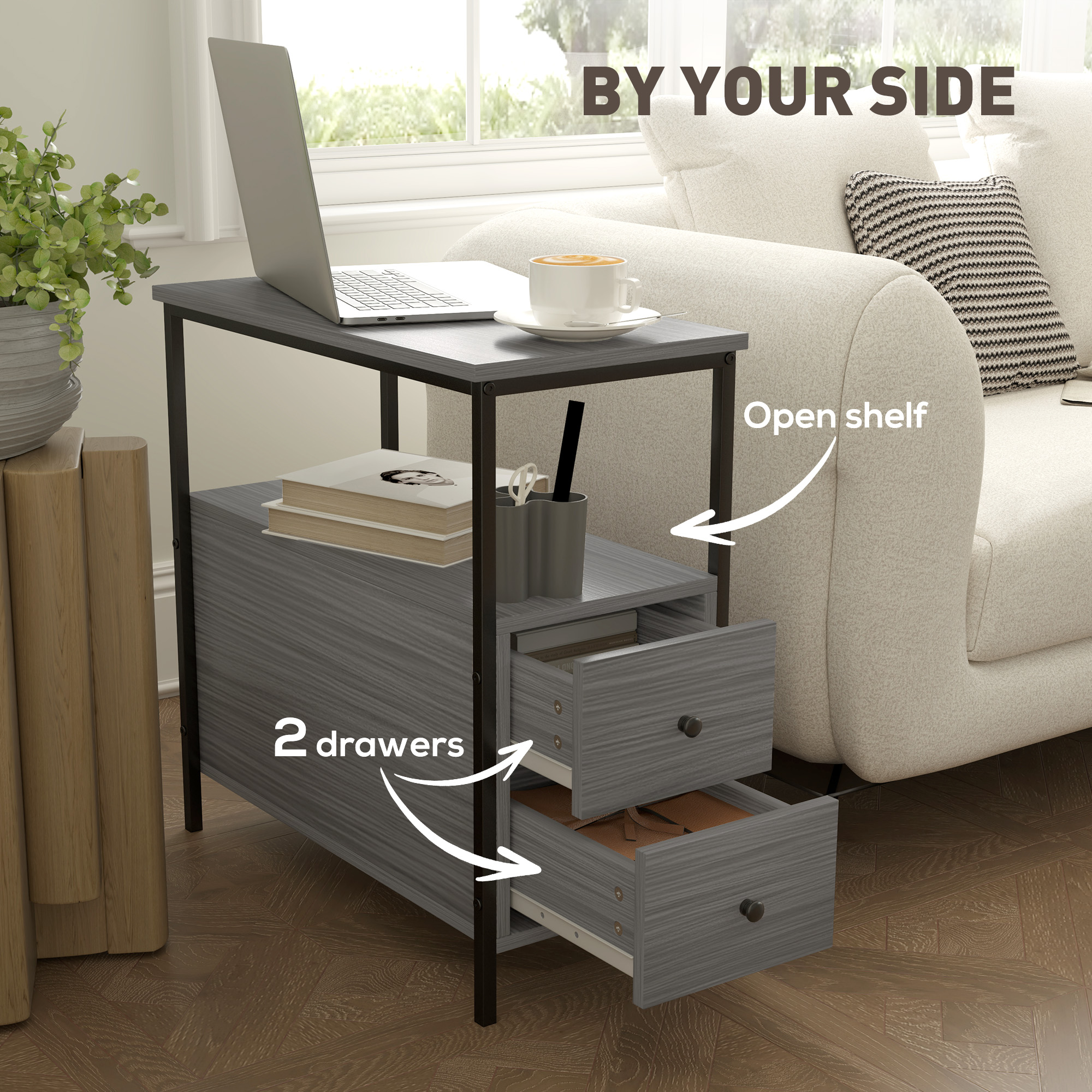 HOMCOM Side Table, Narrow Bedside Table with 2 Drawers and Storage Shelf, Industrial End Table with Metal Frame for Small Spaces, Grey Wood Grain 5