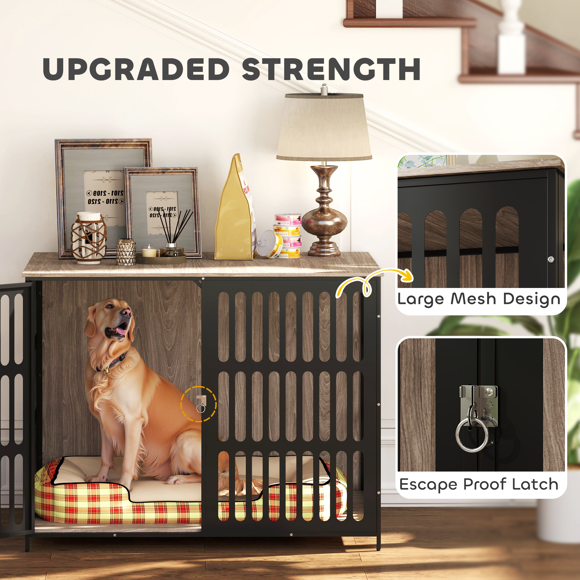 PawHut Dog Crate Furniture with Anti-Chew Resistant Mesh, Anti-Escape Single Door, for Extra Large Dogs, 118 x 80 x 92 cm 5
