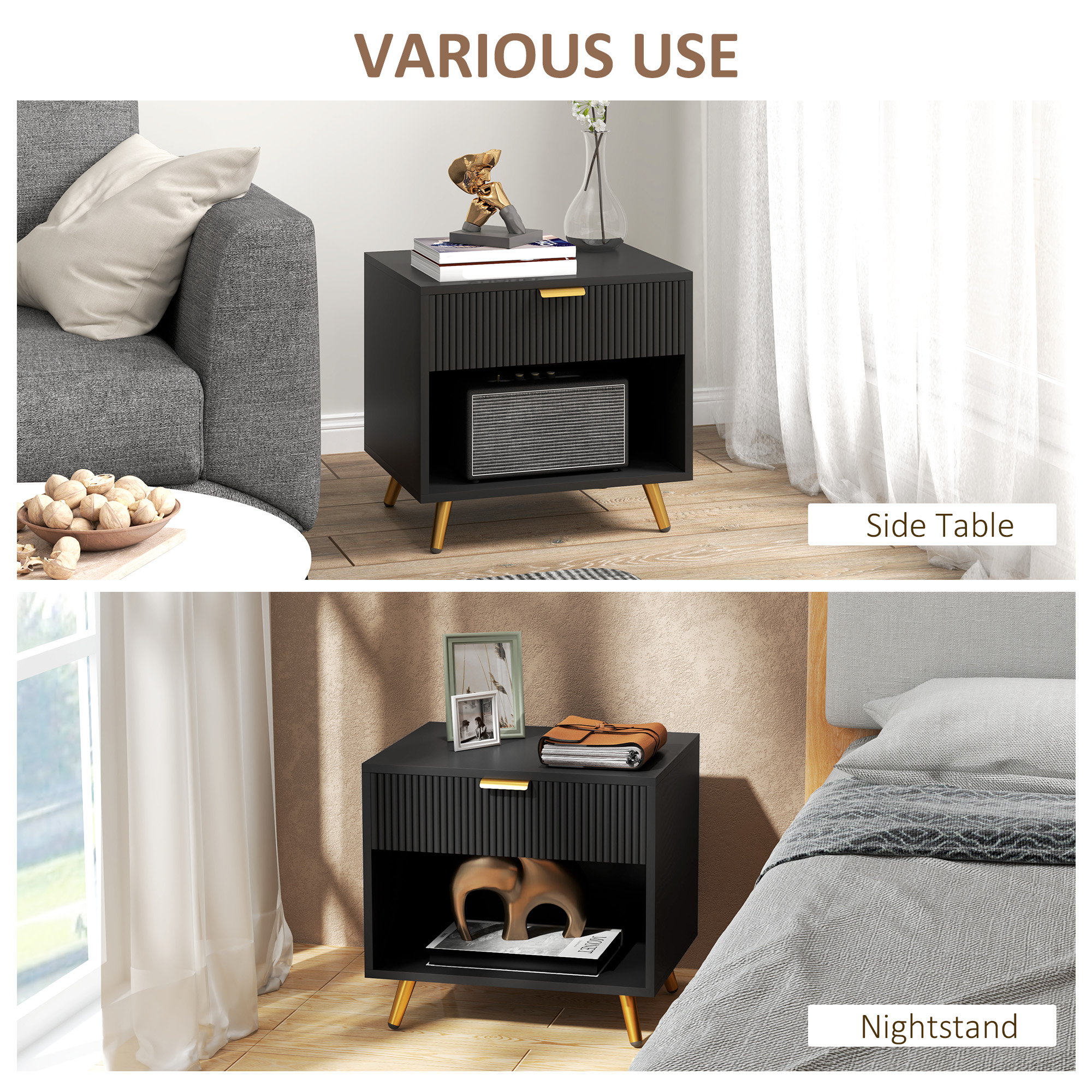 HOMCOM Elegant Bedside Table Set of 2, with Drawer and Shelf Black/Gold Tone 6