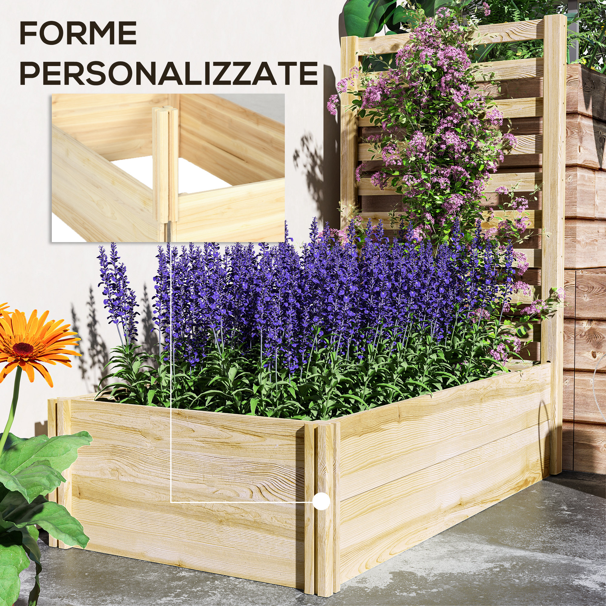 Orto Rialzato Esterno 5 Pezzi In Legno Di Abete - Modulare, Fondo Aperto, Per Balcone E Giardino 230x230x28 Cm - Foto 11