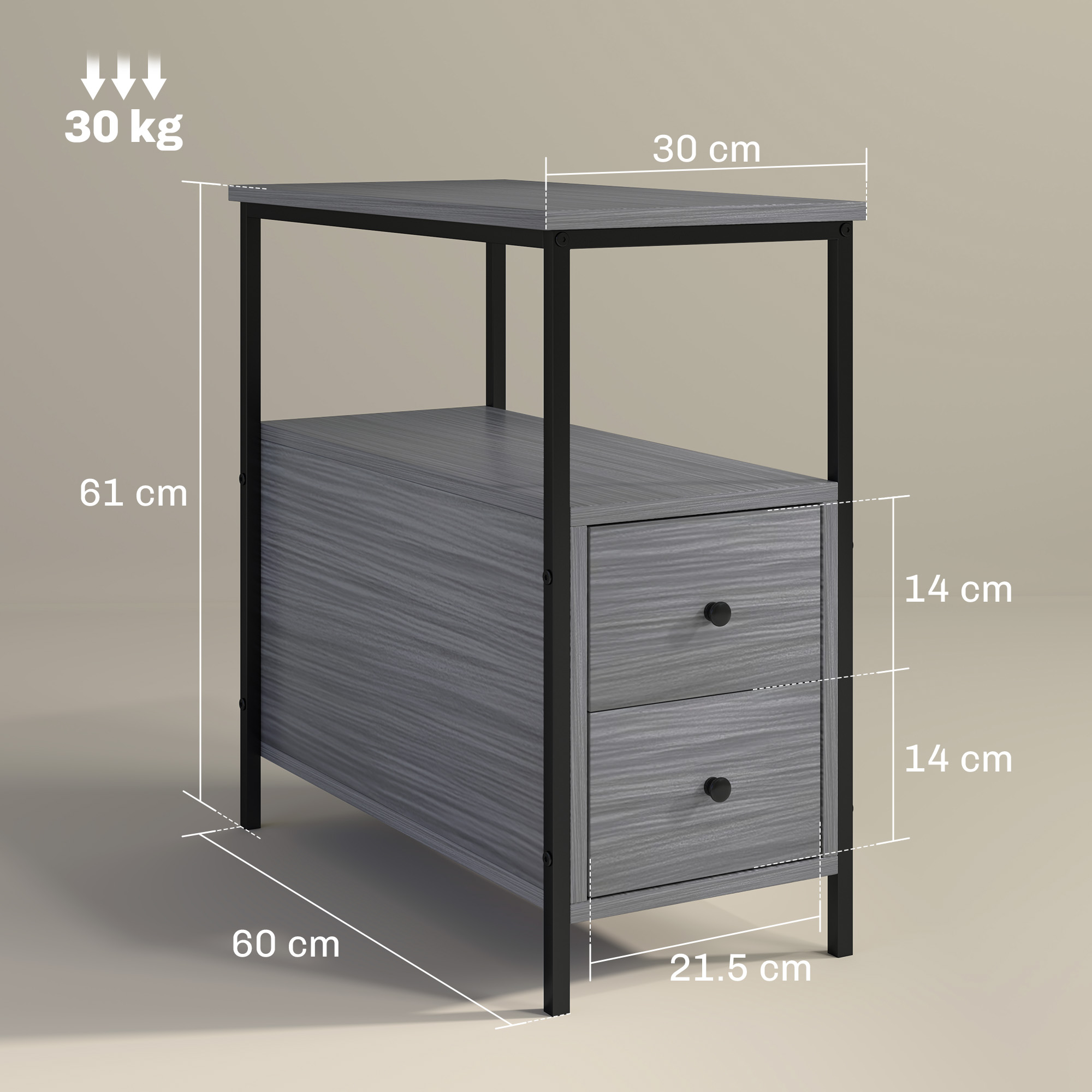 HOMCOM Side Table, Narrow Bedside Table with 2 Drawers and Storage Shelf, Industrial End Table with Metal Frame for Small Spaces, Grey Wood Grain 3