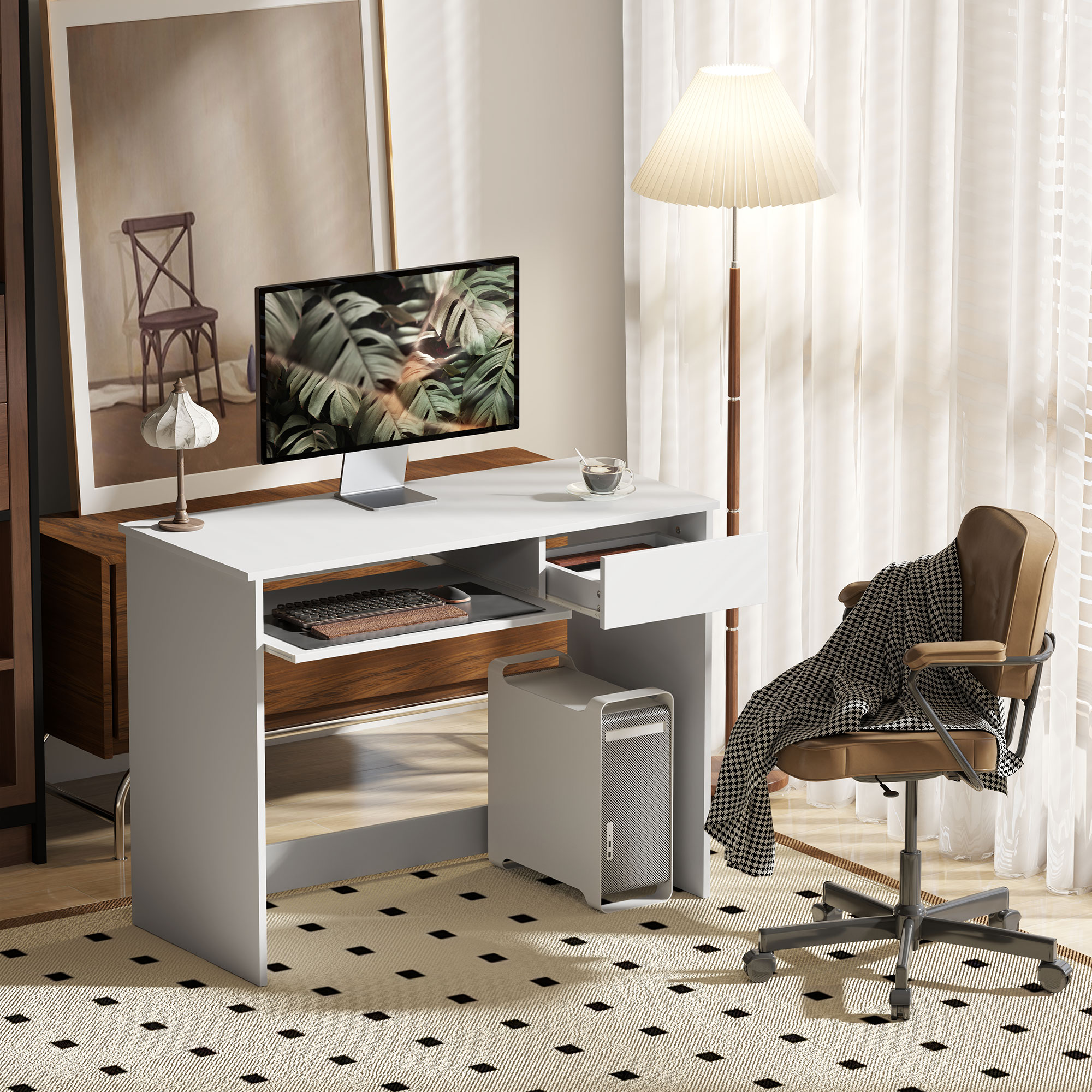 HOMCOM 100cm Compact Computer Desk with Keyboard Tray, Home Office Desk with Drawer for Bedroom Study, White 2