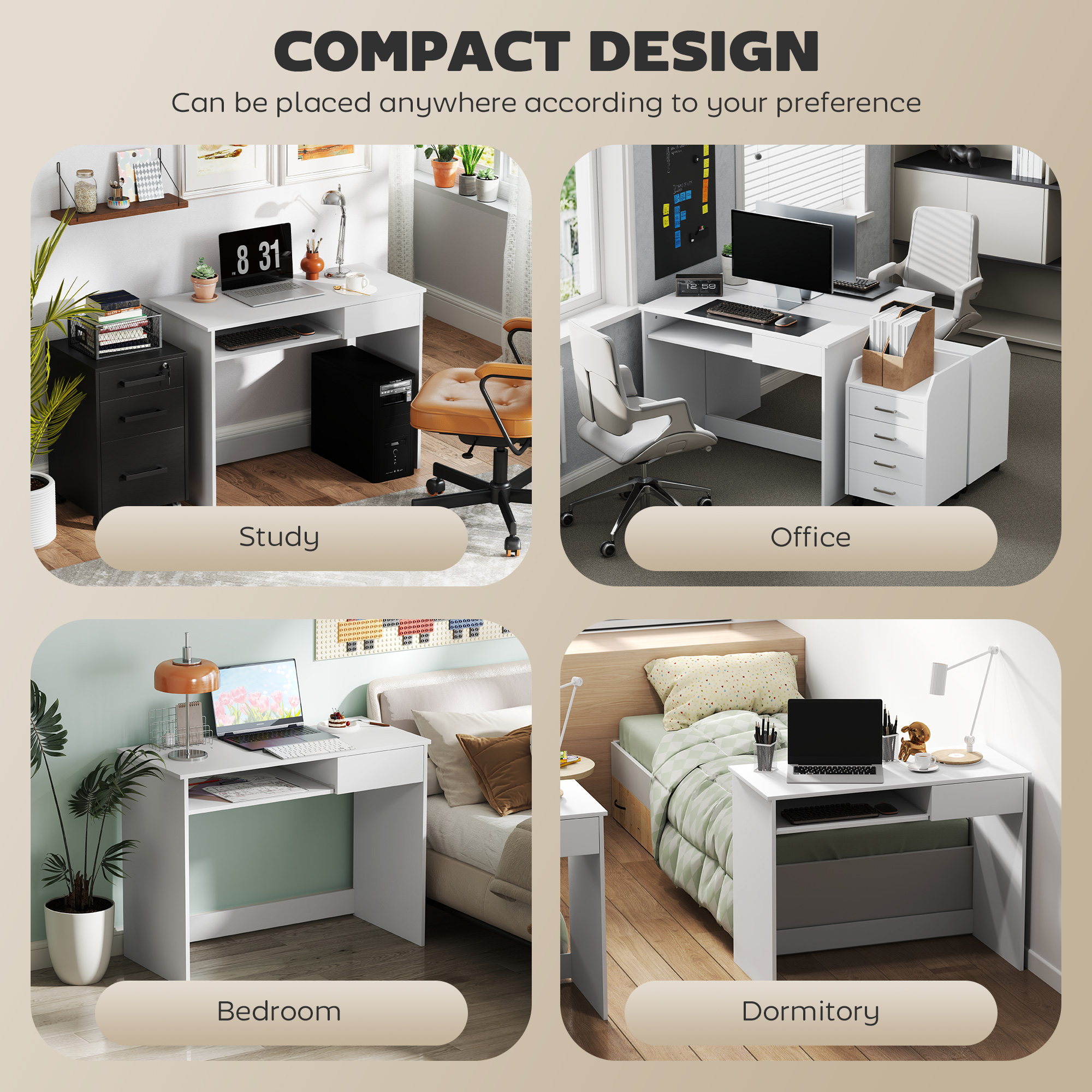 HOMCOM 100cm Compact Computer Desk with Keyboard Tray, Home Office Desk with Drawer for Bedroom Study, White 6
