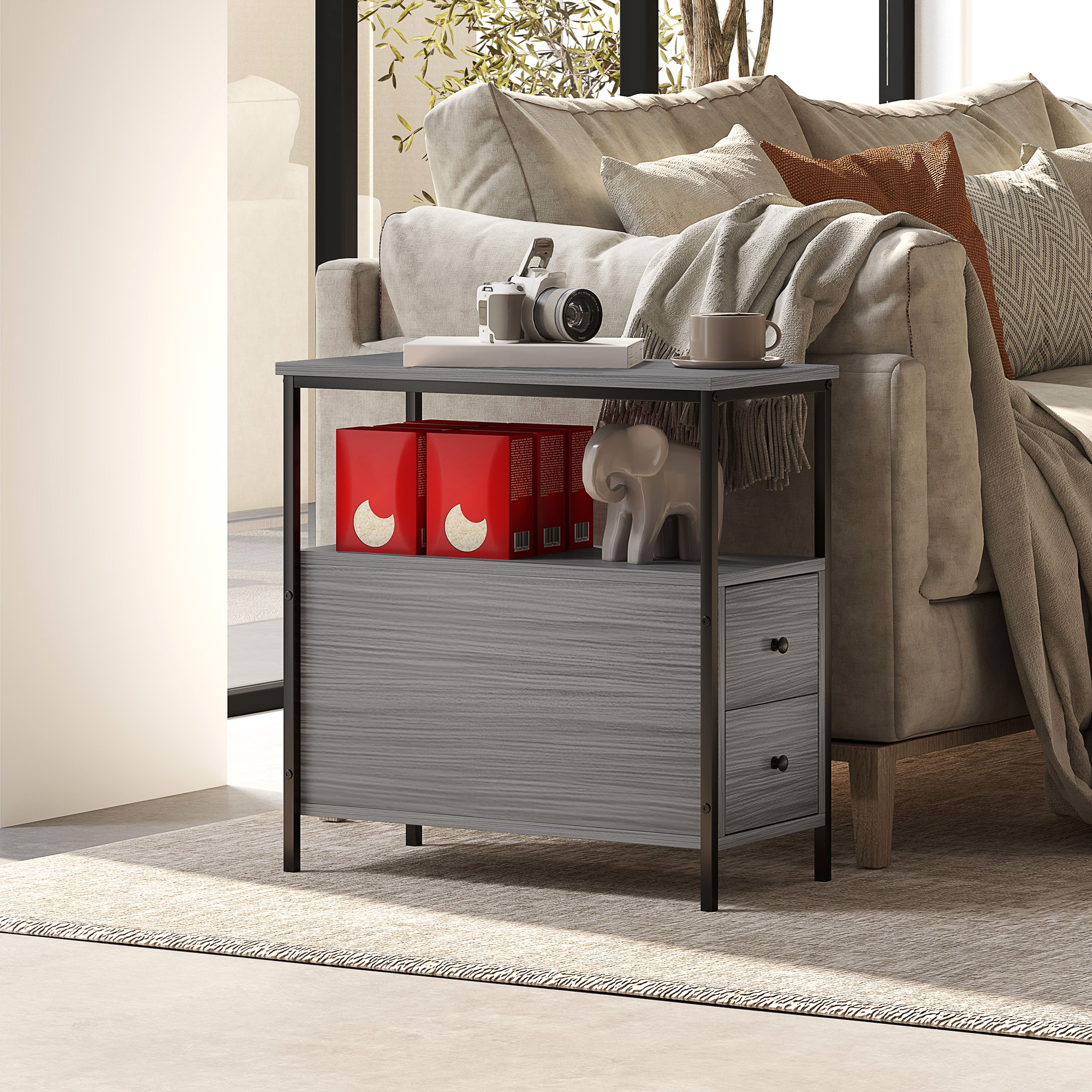 HOMCOM Side Table, Narrow Bedside Table with 2 Drawers and Storage Shelf, Industrial End Table with Metal Frame for Small Spaces, Grey Wood Grain 2