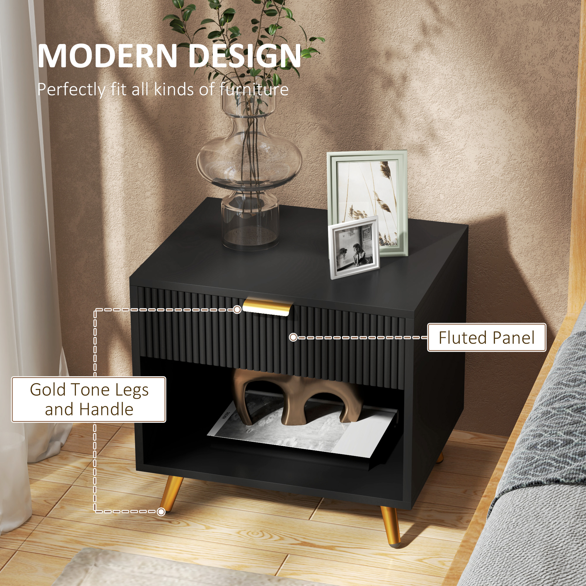 HOMCOM Elegant Bedside Table Set of 2, with Drawer and Shelf Black/Gold Tone 4