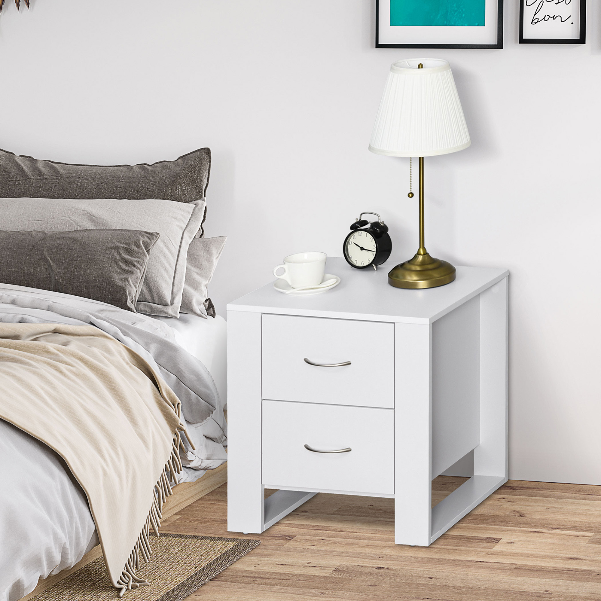 HOMCOM Bedside Table Set of 2 with 2 Drawers, Nightstands with Handles and Elevated Base, Side Tables for Bedroom, Living Room, White 7