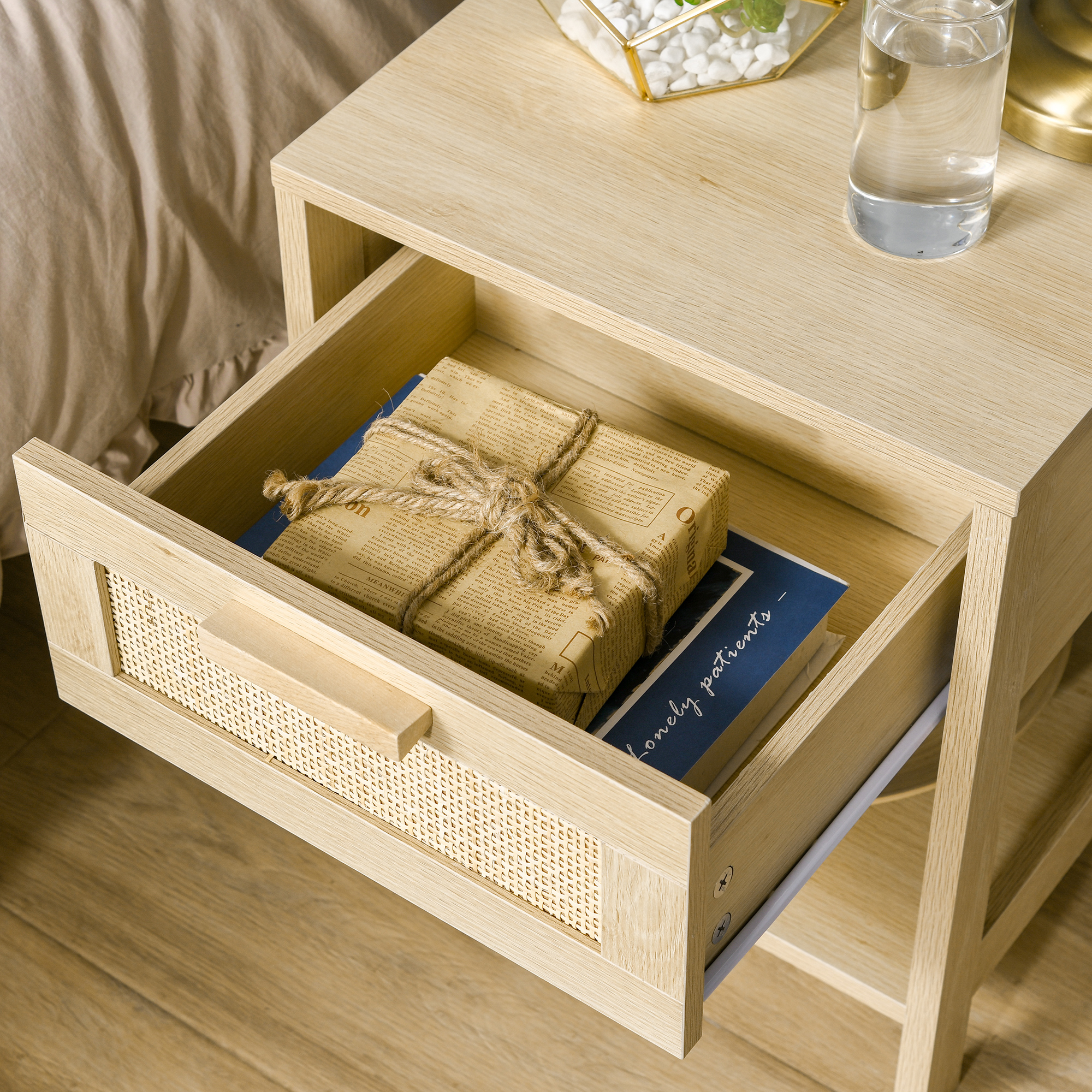 HOMCOM Bedside Table Set of 2 with Rattan Drawer, Rustic Side Tables with Storage Shelf for Bedroom, Living Room, Natural 9