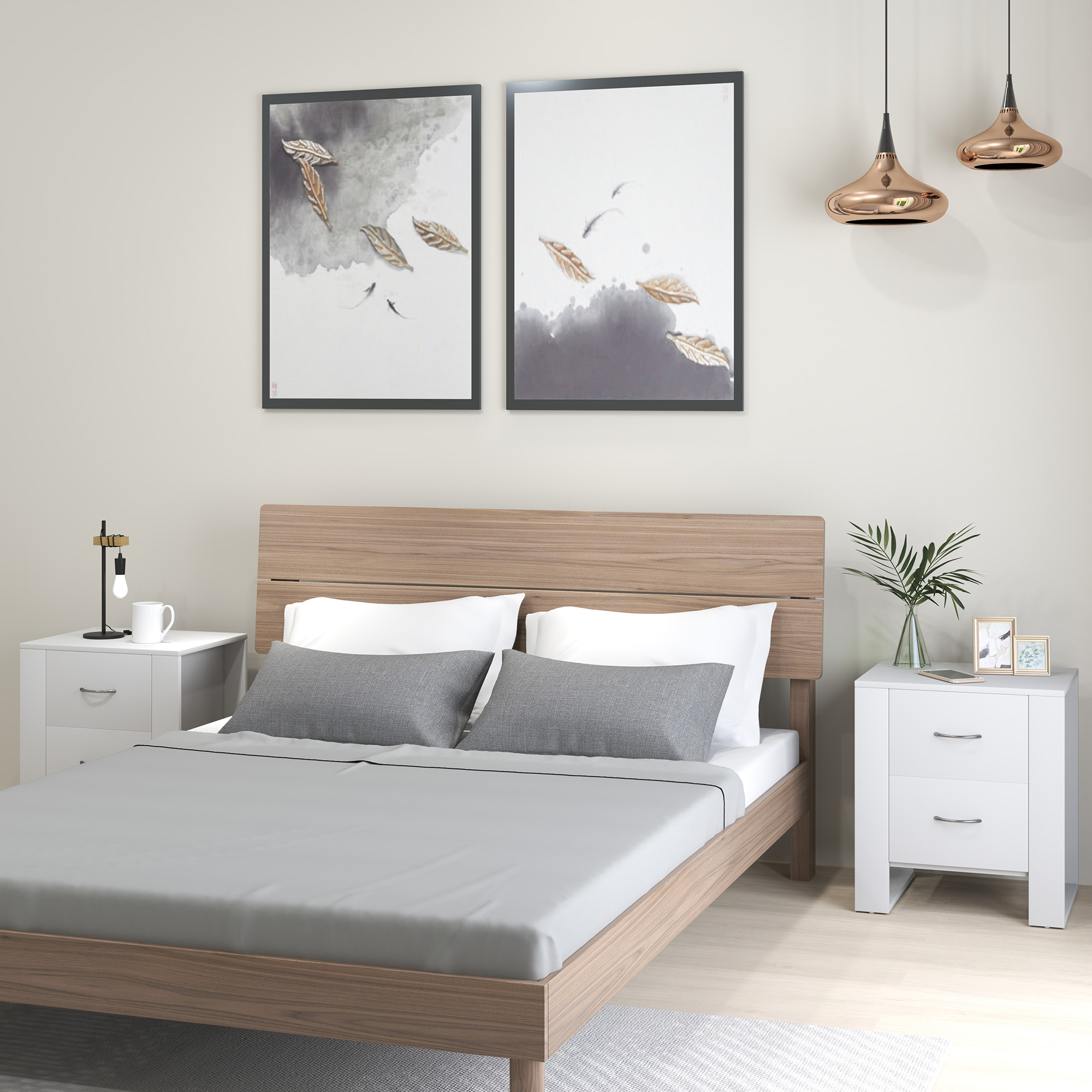 HOMCOM Bedside Table Set of 2 with 2 Drawers, Nightstands with Handles and Elevated Base, Side Tables for Bedroom, Living Room, White 2
