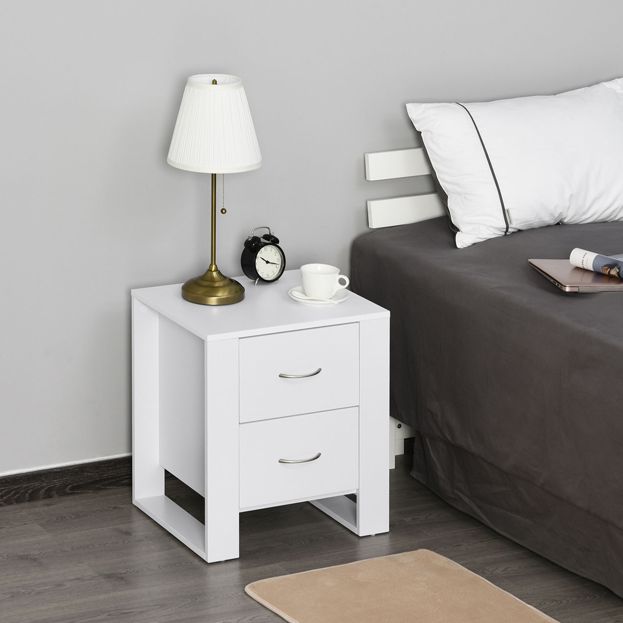 HOMCOM Bedside Table Set of 2 with 2 Drawers, Nightstands with Handles and Elevated Base, Side Tables for Bedroom, Living Room, White 6