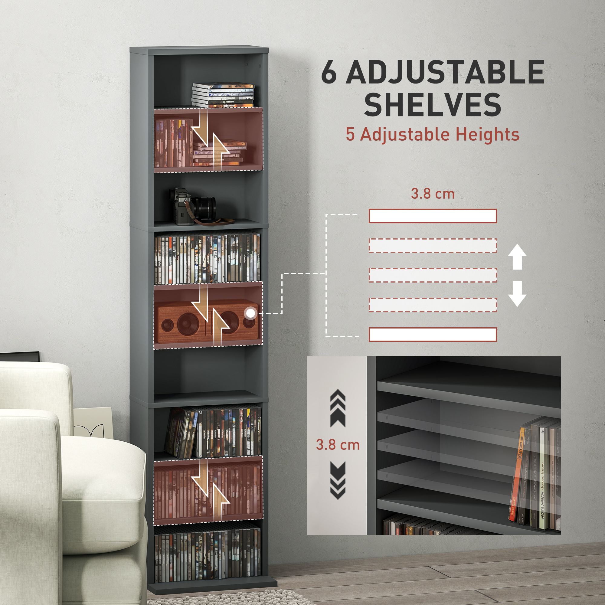 HOMCOM 260 Narrow CD Storage Unit Grey 5