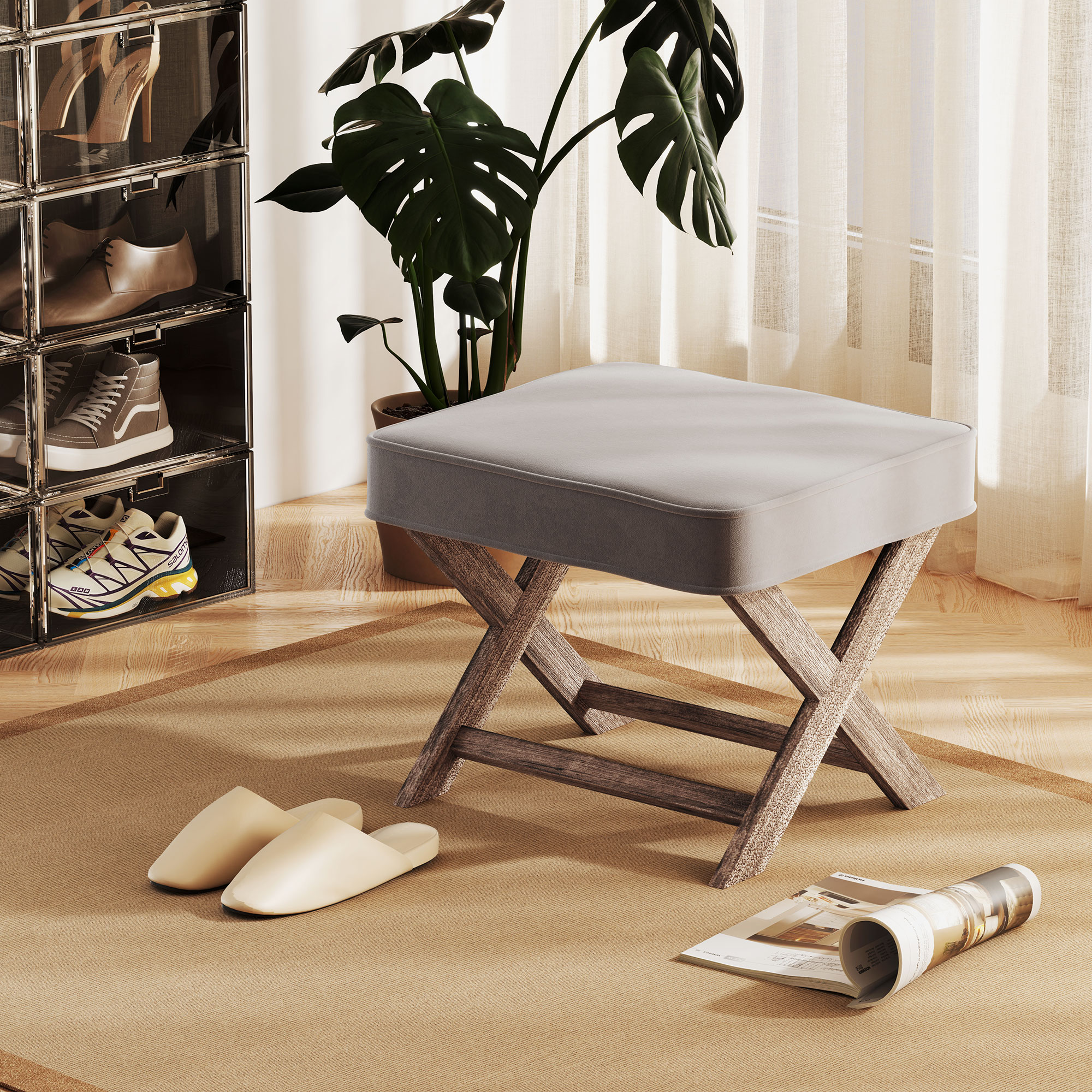 HOMCOM Vintage Footstool Padded Seat X Leg Chair Velvet Cover Shabby Chic Footrest Solid Rubber Wood Frame 49.5 x 45 x 41 cm Grey 2
