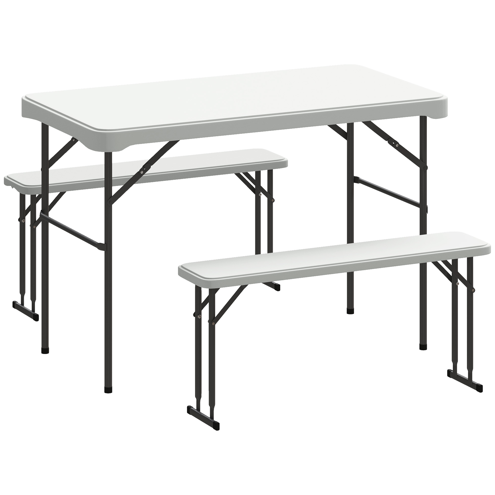 Outsunny Ensemble table pliante et bancs de pique-nique 113 cm avec poignées de transport, table et banc pliable gris clair Outsunny Ensemble table pliante et bancs de pique-nique 113 cm avec poignées de transport, table et banc pliable gris clair