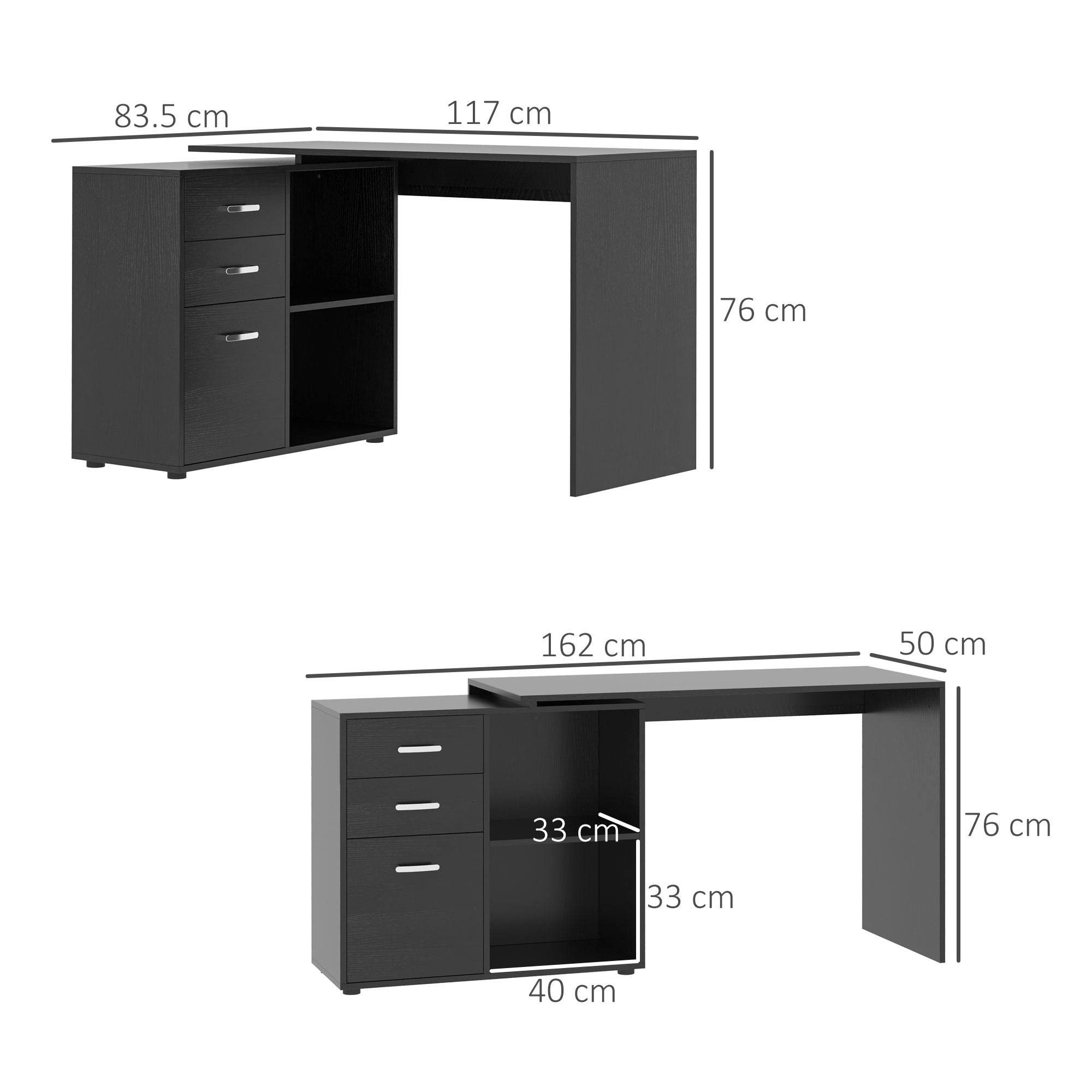 HOMCOM Scrivania Angolare Reversibile Con Prese USB E 6 Cassetti, 126x48 Cm, Per Ufficio O Studio, Struttura In Acciaio