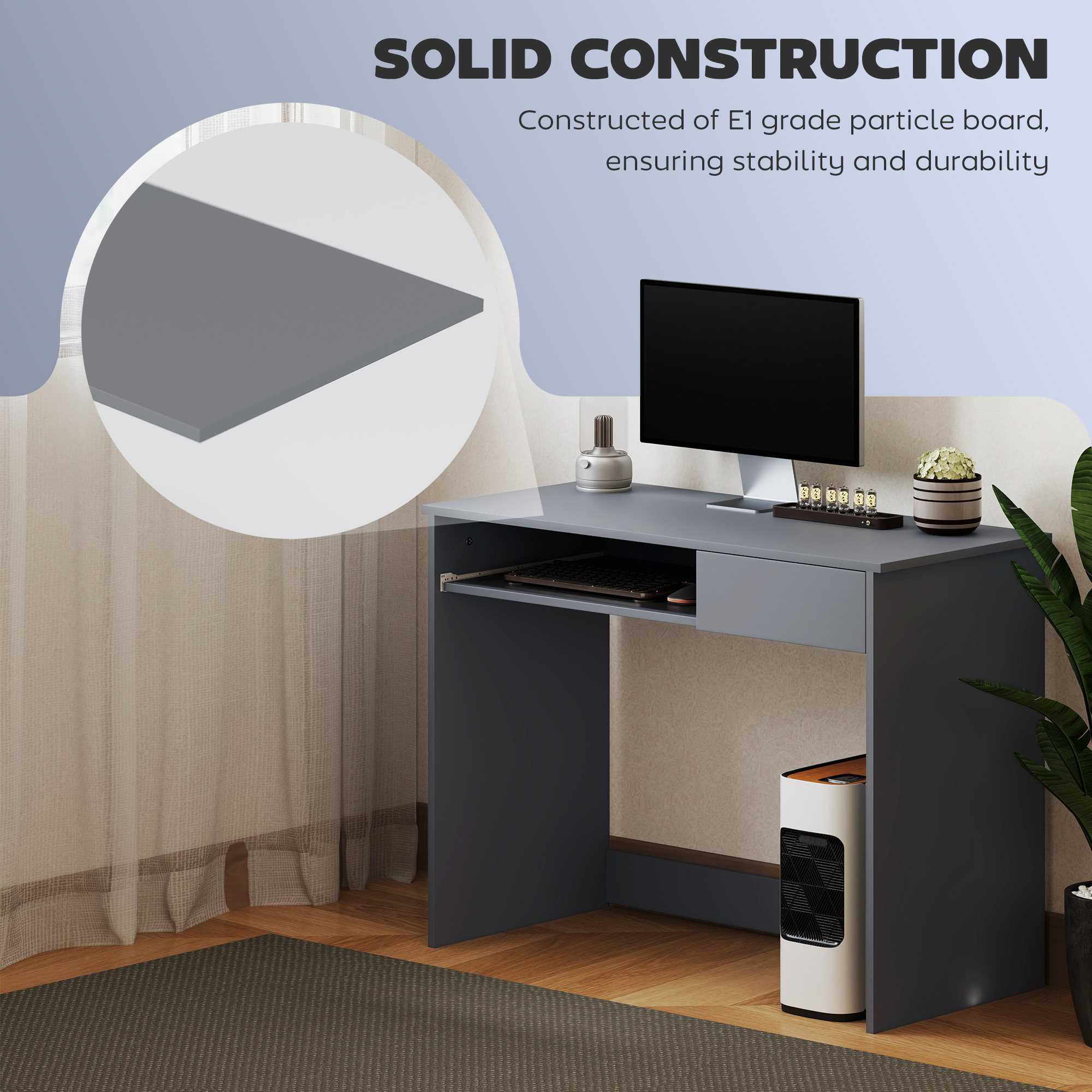 HOMCOM 100cm Compact Computer Desk with Keyboard Tray, Home Office Desk with Drawer for Bedroom Study, Grey 5