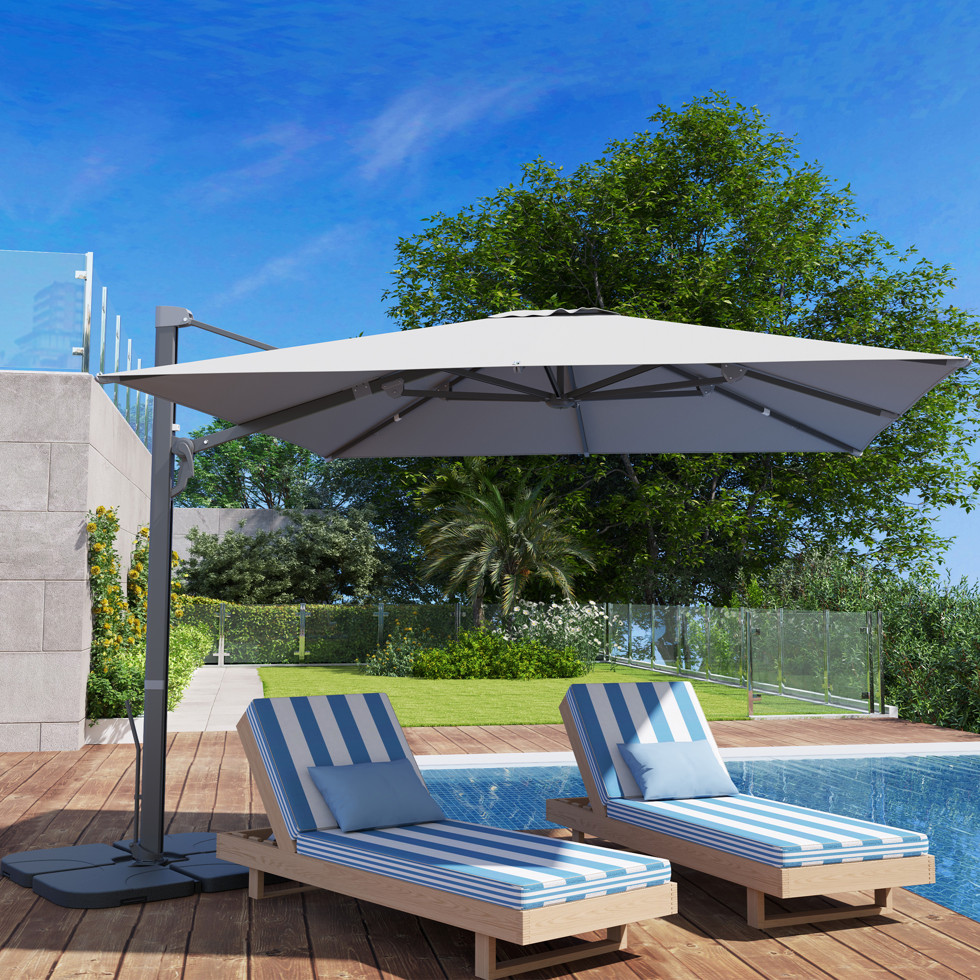 CLIPOP Ombrellone A Sbalzo Da Giardino 3m Con Base A Croce E Manovella - Grigio, Tessuto Poliestere 180g/m², Protezione UV