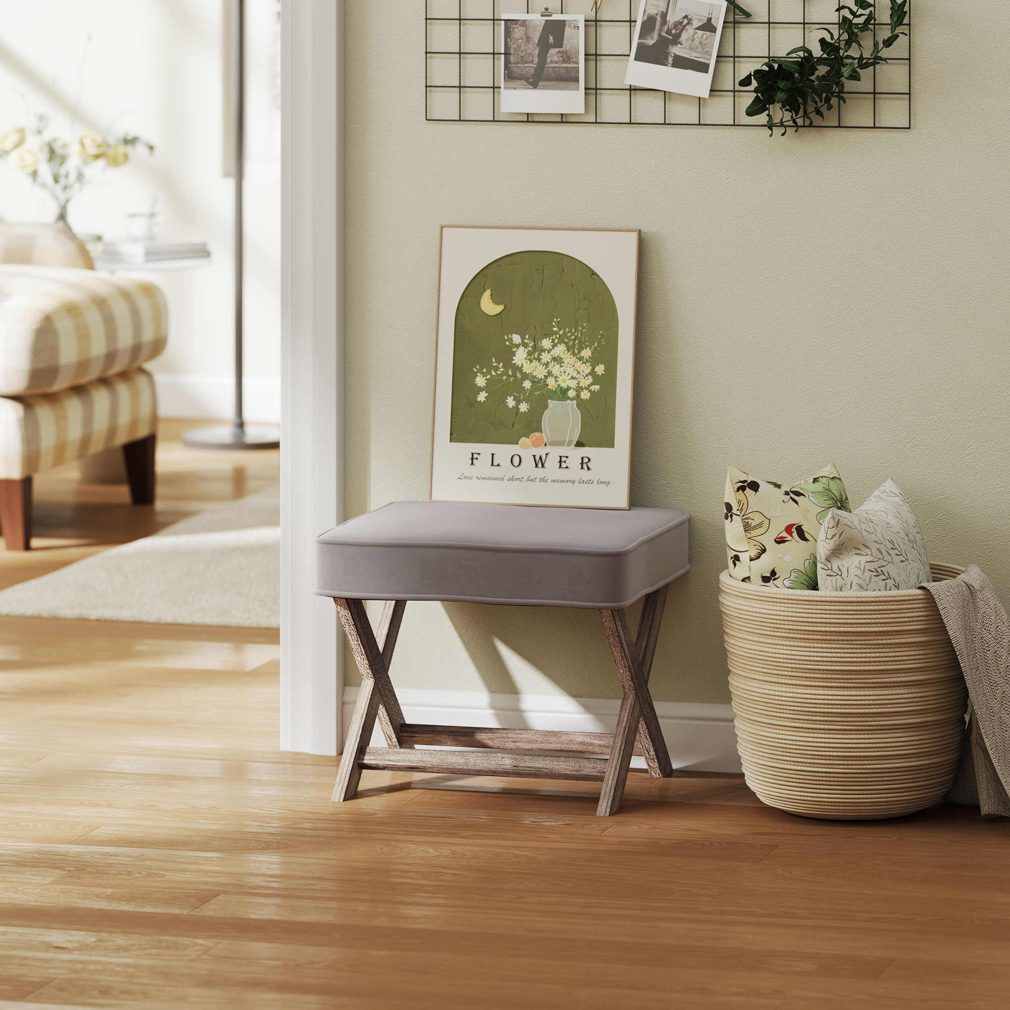 HOMCOM Vintage Footstool Padded Seat X Leg Chair Velvet Cover Shabby Chic Footrest Solid Rubber Wood Frame 49.5 x 45 x 41 cm Grey 7