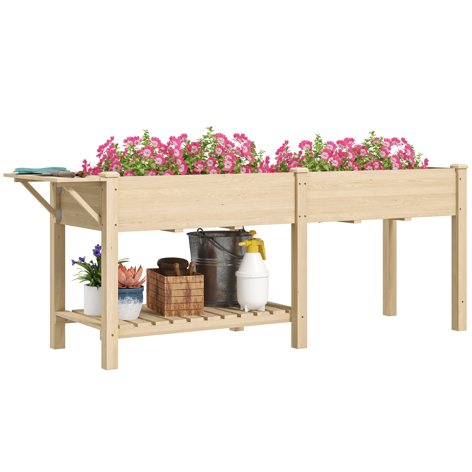 Image of Outsunny Fioriera Rialzata con Tavolino Laterale e Ripiano Porta Attrezzi Inferiore, in Legno di Abete, 207x59x78 cm006