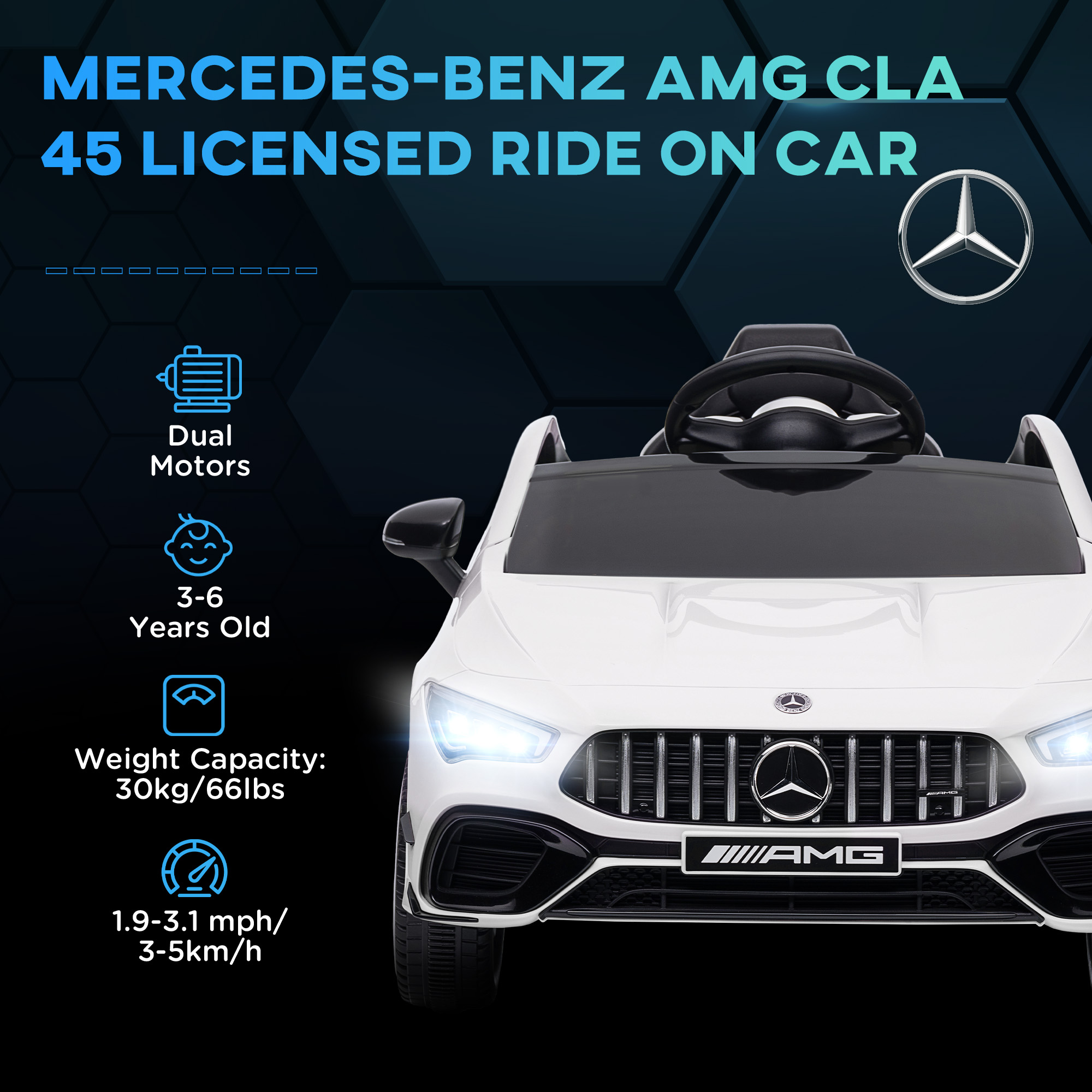 AIYAPLAY Mercedes-Benz AMG CLA 45 Licensed 12V Kids Electric Car Ride on Car w/ Remote, Suspension Lights Music Horn White 4