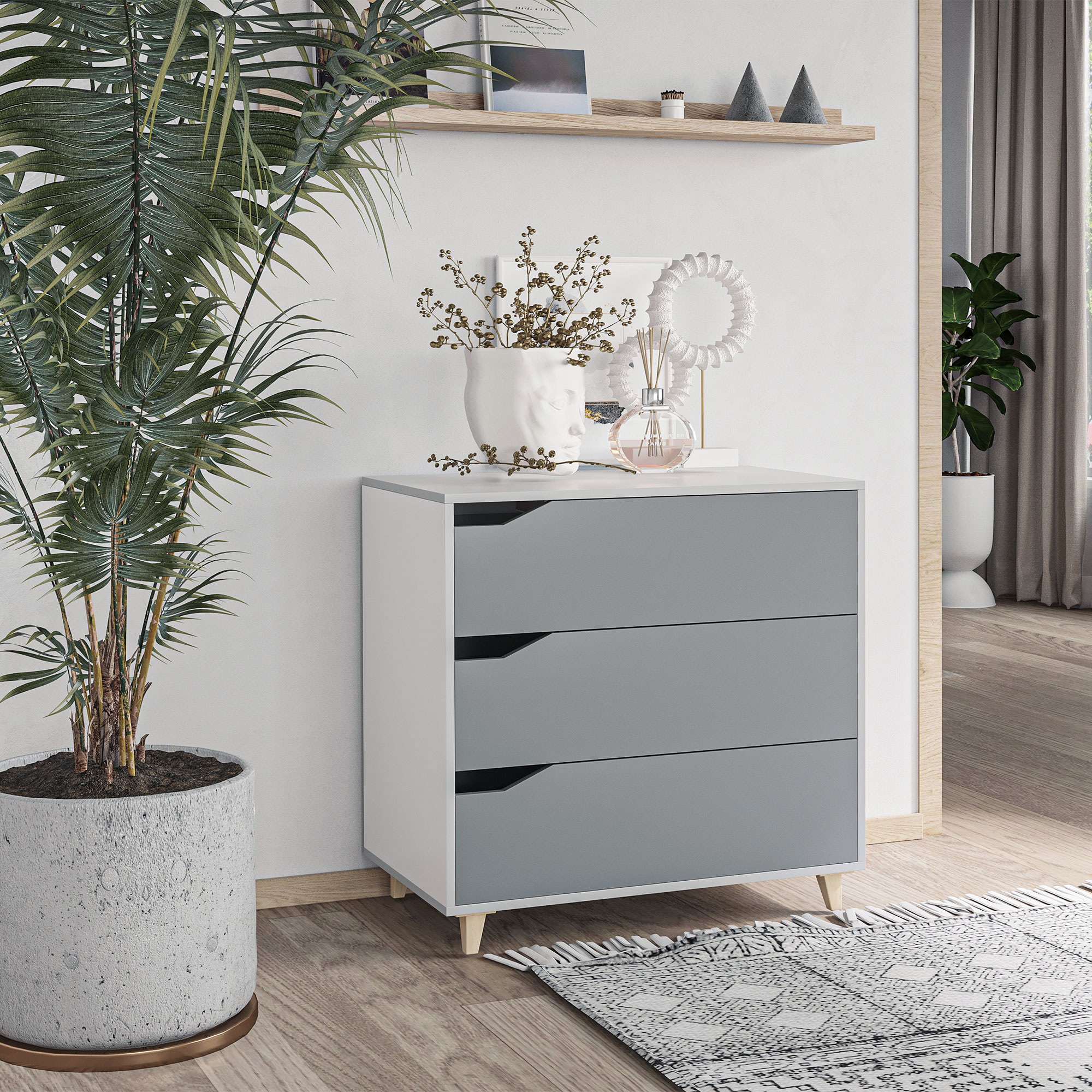 HOMCOM Drawer Chest, 3-Drawer Storage Cabinet Unit with Pine Wood Legs for Bedroom, Living Room, 75cmx42cmx75cm, Grey 2