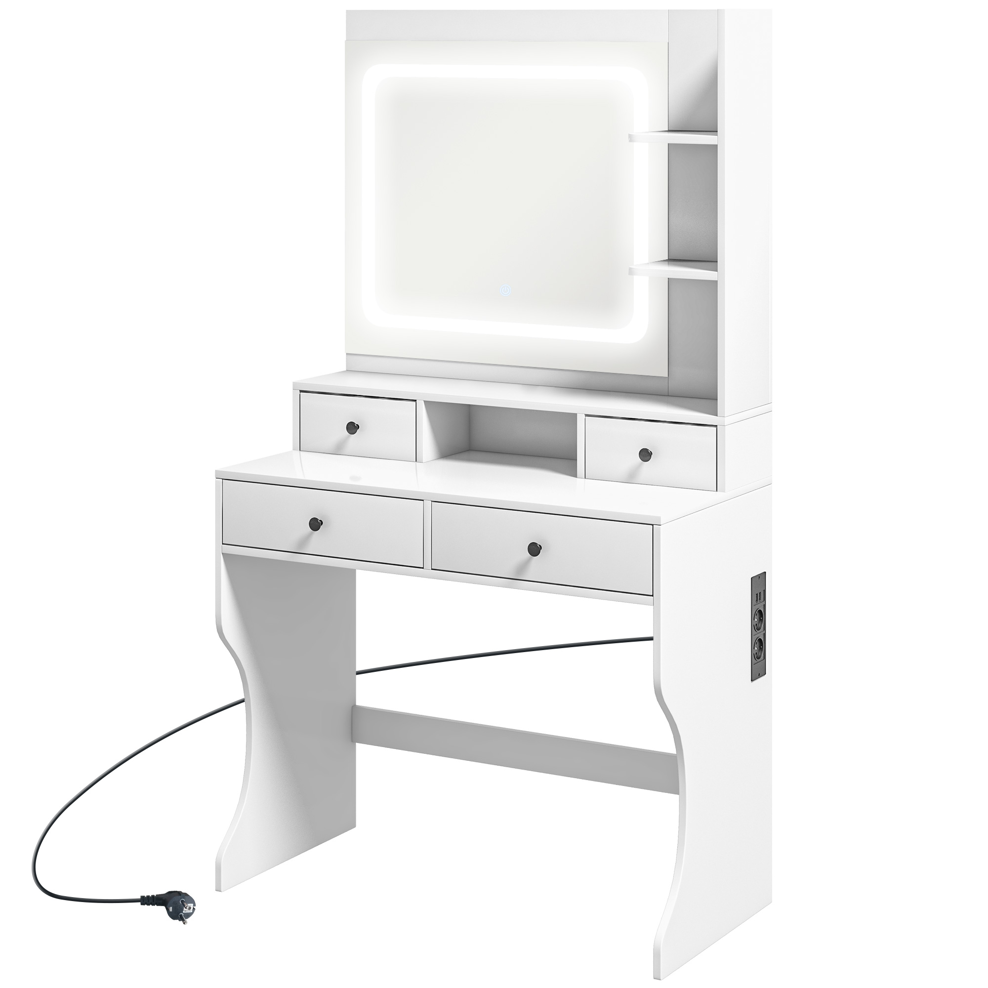 Tavolo Toeletta Con Specchio E Luci LED - 10 Luci Regolabili, 2 Cassetti, Dimensioni 80x40x135 Cm, Colore Bianco