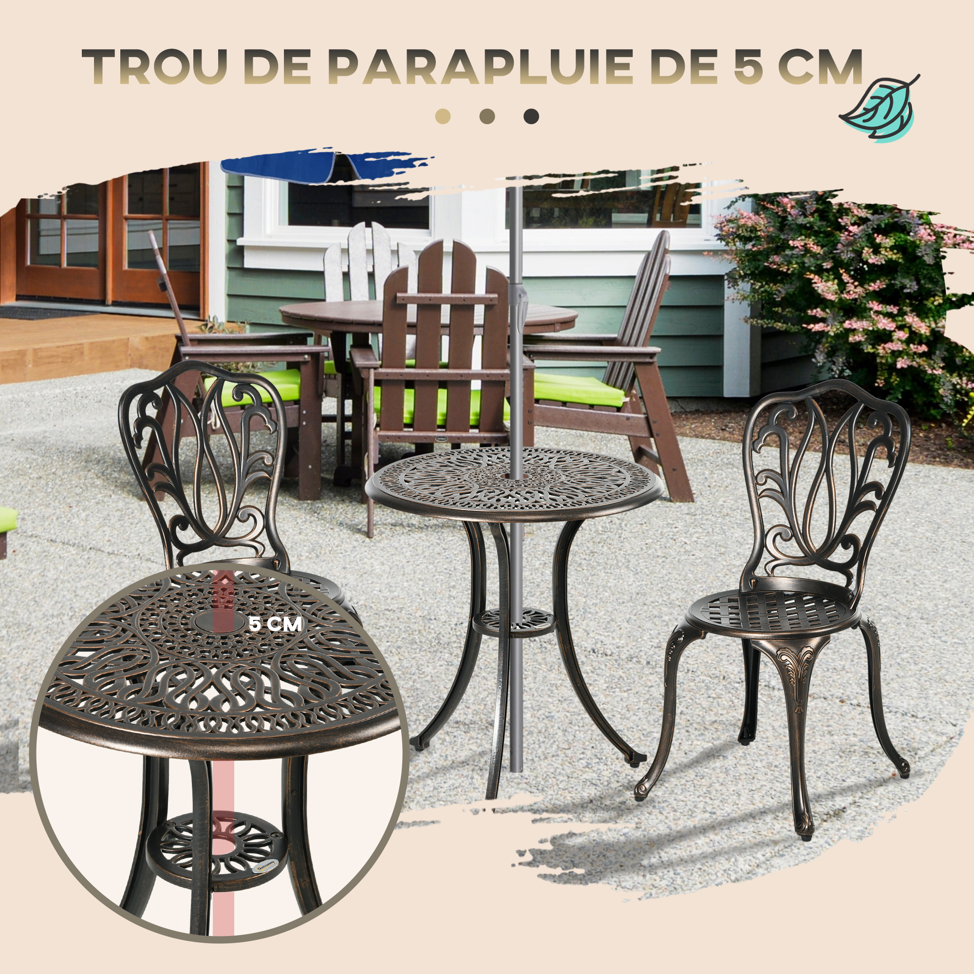 Outsunny Ensemble Salon de Jardin 2 Places 2 chaises Table Ronde Fonte d'aluminium Imitation Fer forgé Blanc