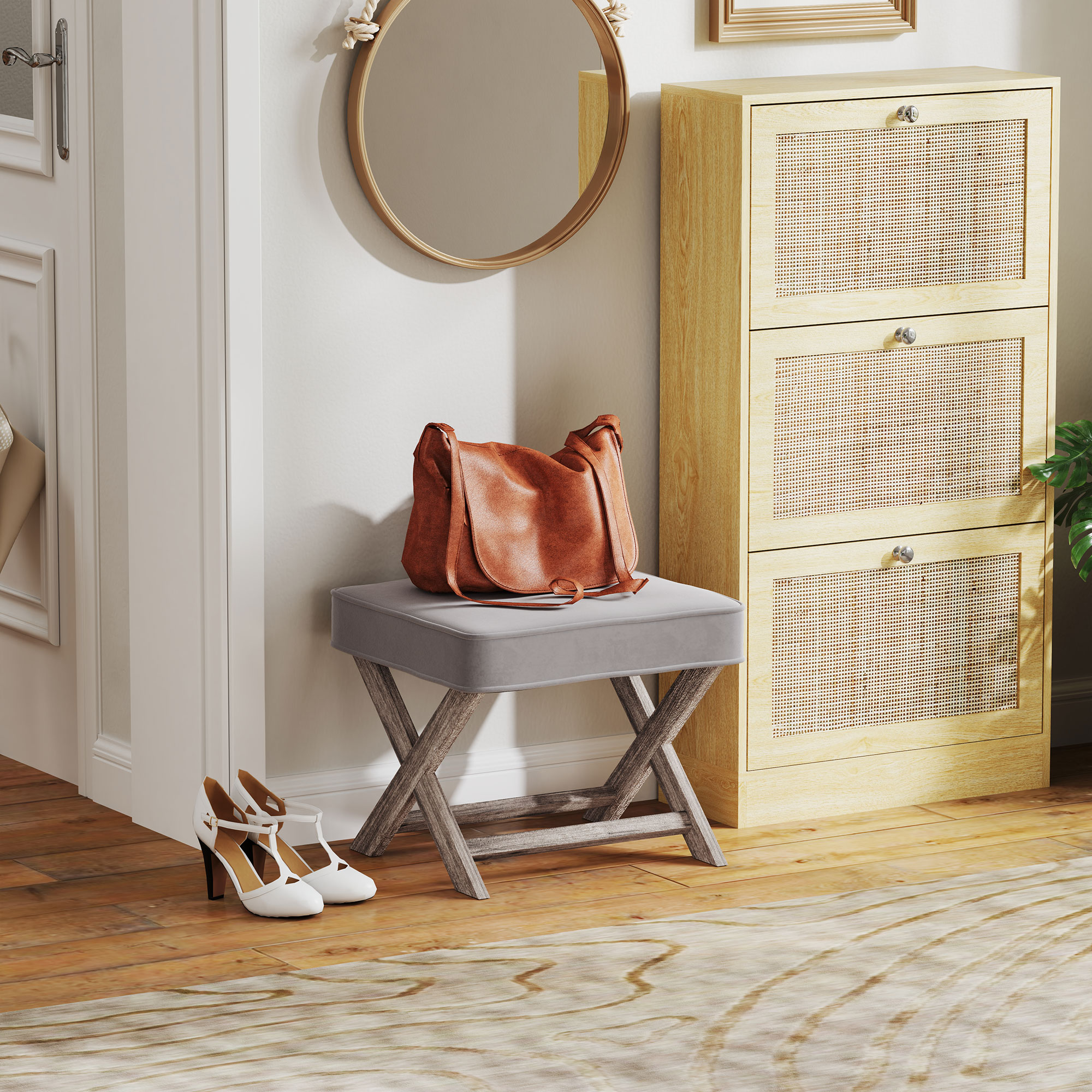 HOMCOM Vintage Footstool Padded Seat X Leg Chair Velvet Cover Shabby Chic Footrest Solid Rubber Wood Frame 49.5 x 45 x 41 cm Grey 6