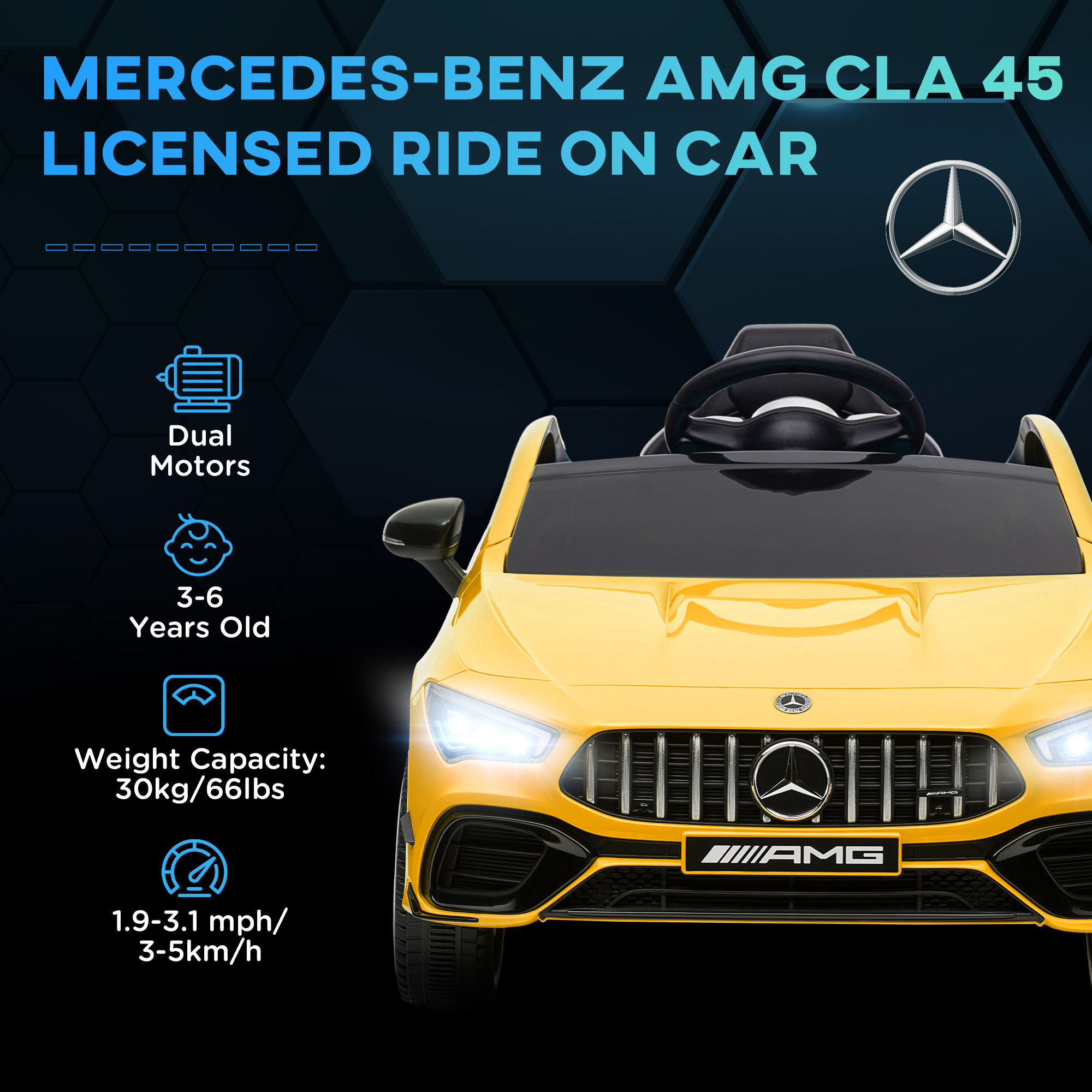 AIYAPLAY Mercedes-Benz AMG CLA 45 Licensed 12V Kids Electric Car Ride on Car w/ Remote, Suspension Lights Music Horn Yellow 4