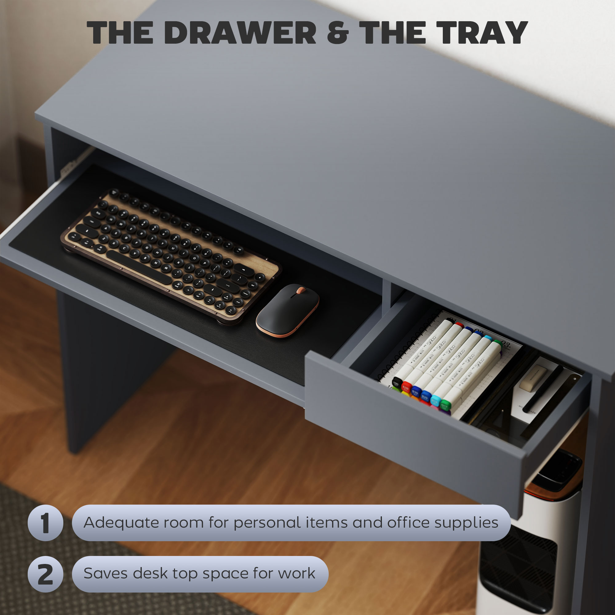 HOMCOM 100cm Compact Computer Desk with Keyboard Tray, Home Office Desk with Drawer for Bedroom Study, Grey 4