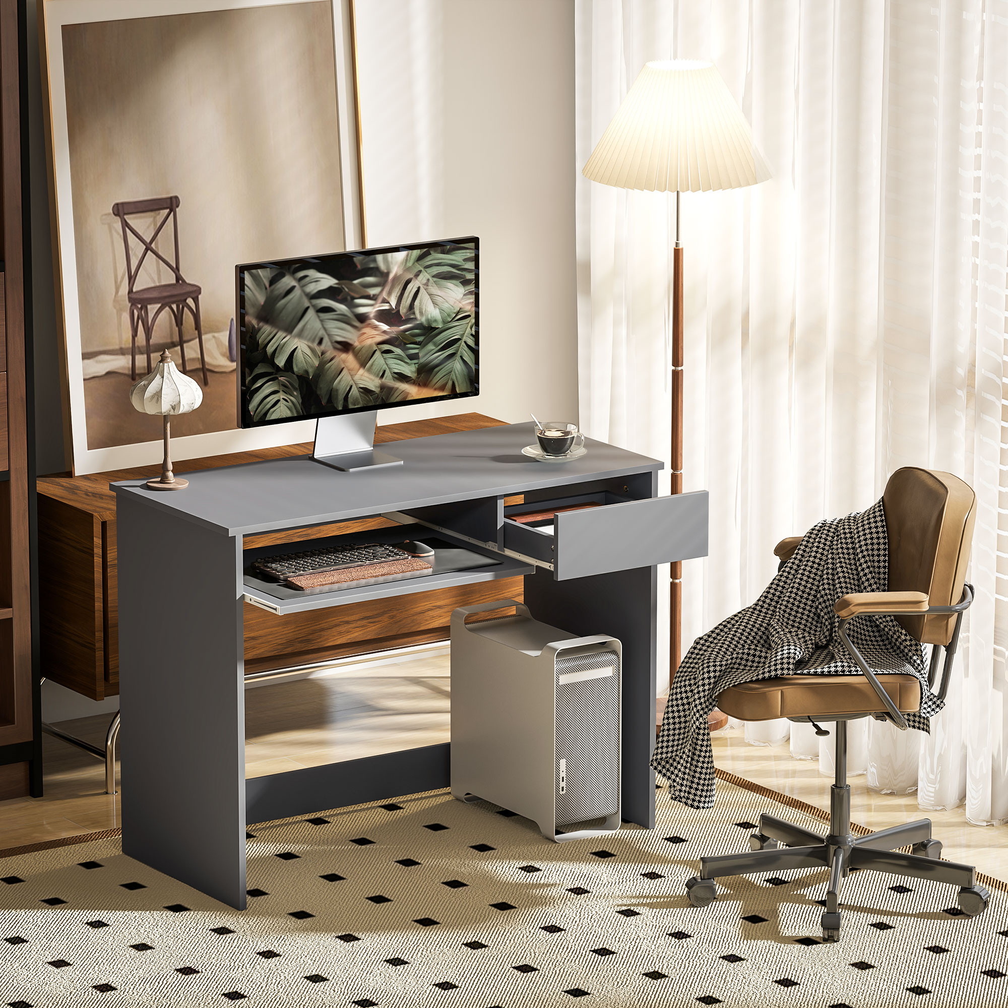 HOMCOM 100cm Compact Computer Desk with Keyboard Tray, Home Office Desk with Drawer for Bedroom Study, Grey 2