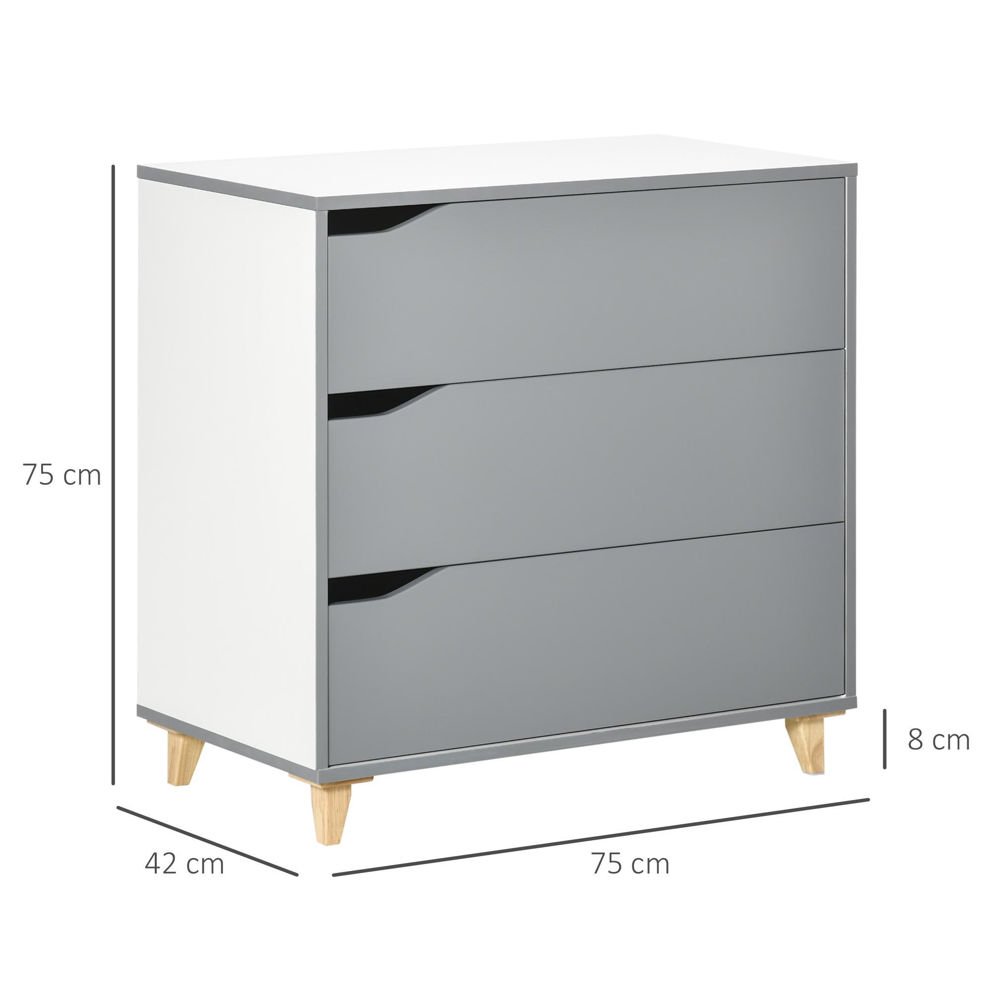 HOMCOM Drawer Chest, 3-Drawer Storage Cabinet Unit with Pine Wood Legs for Bedroom, Living Room, 75cmx42cmx75cm, Grey 3