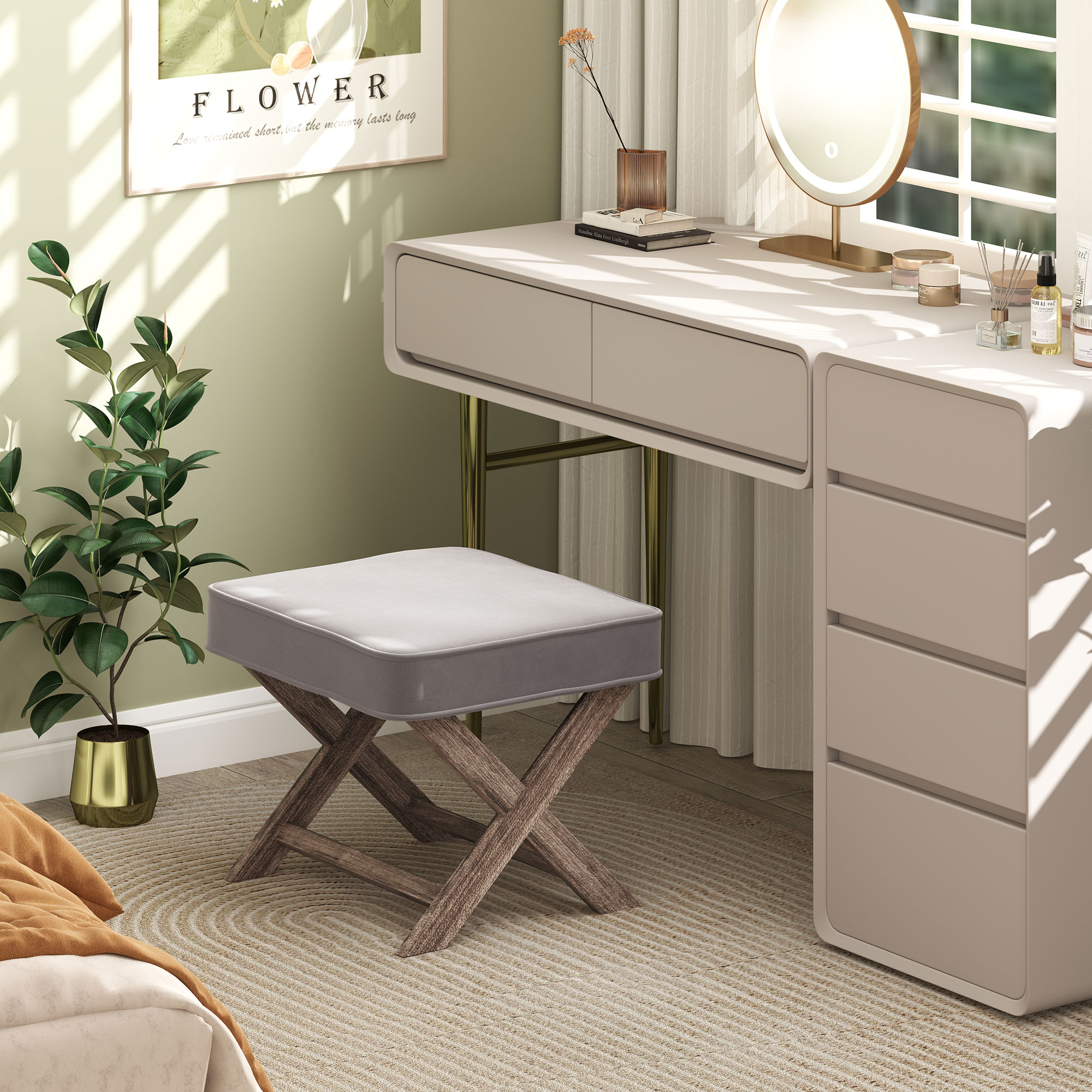 HOMCOM Vintage Footstool Padded Seat X Leg Chair Velvet Cover Shabby Chic Footrest Solid Rubber Wood Frame 49.5 x 45 x 41 cm Grey 8