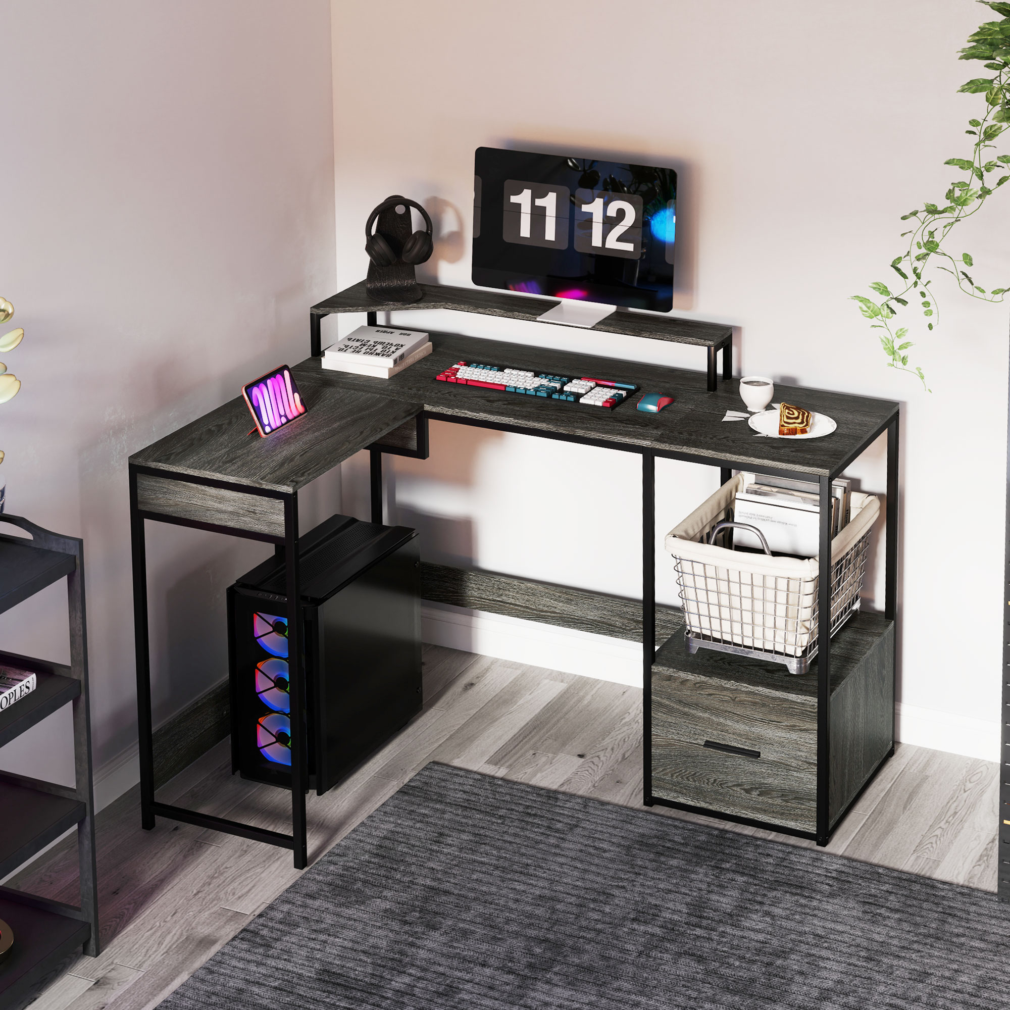 HOMCOM Industrial 'L' Shaped Multi-Work Desk Charcoal Grey 2