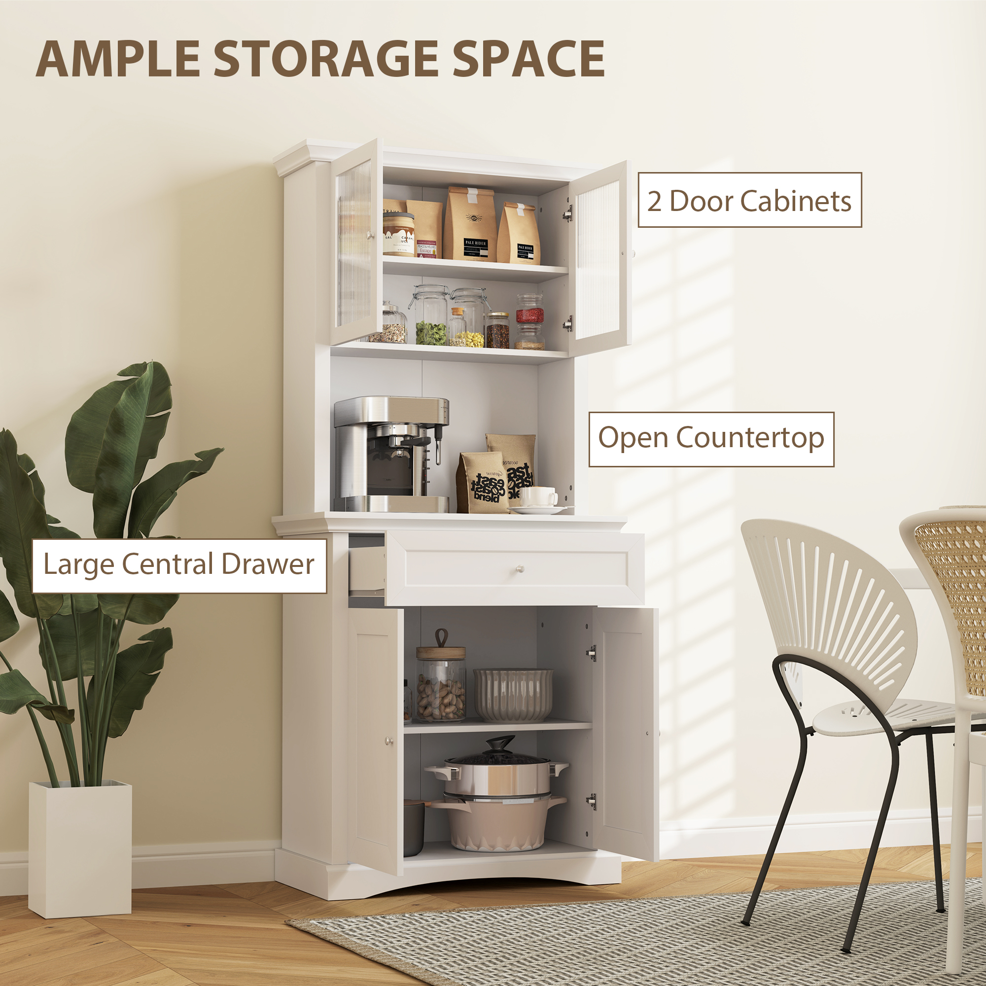 HOMCOM 4-Door Kitchen Cupboard with Drawer, Freestanding Kitchen Cabinet with Glass Doors, Adjustable Shelves and Open Counter, White 4