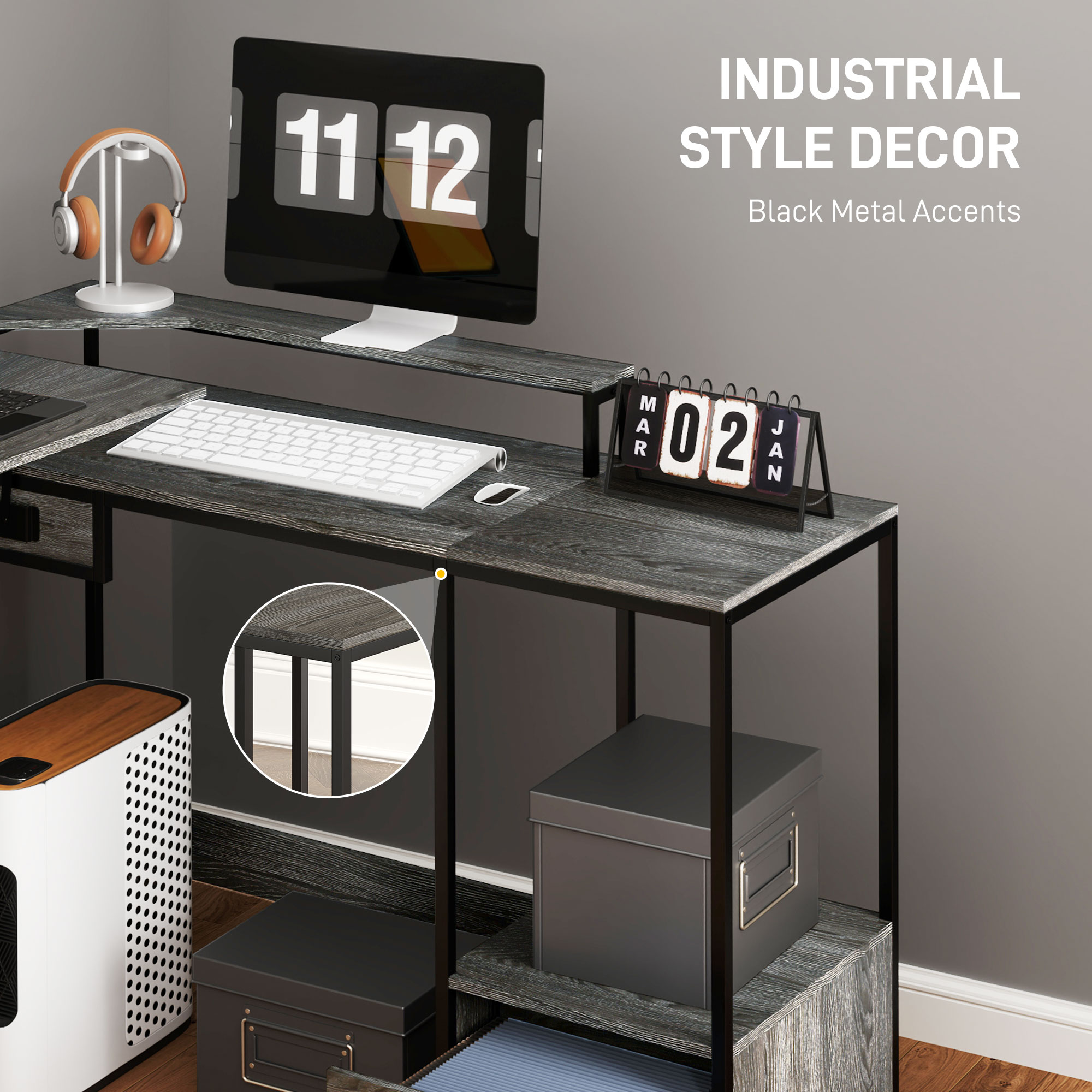 HOMCOM Industrial 'L' Shaped Multi-Work Desk Charcoal Grey 6