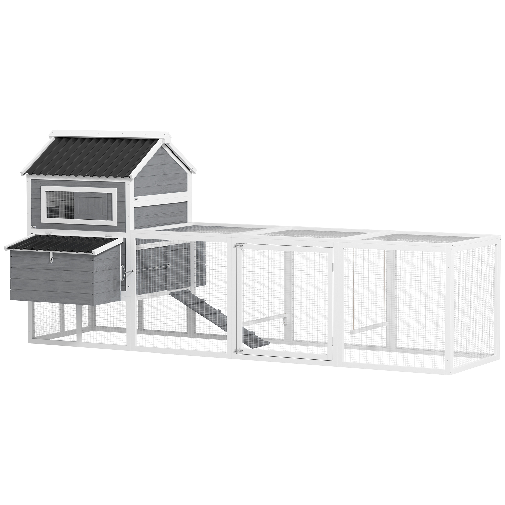 PawHut Gallinero de Exterior de Madera para 16-24 Gallinas con Perchas Columpio Nidos y Bandeja Extraíble 315,5x150,5x140,5 cm Gris | Aosom España