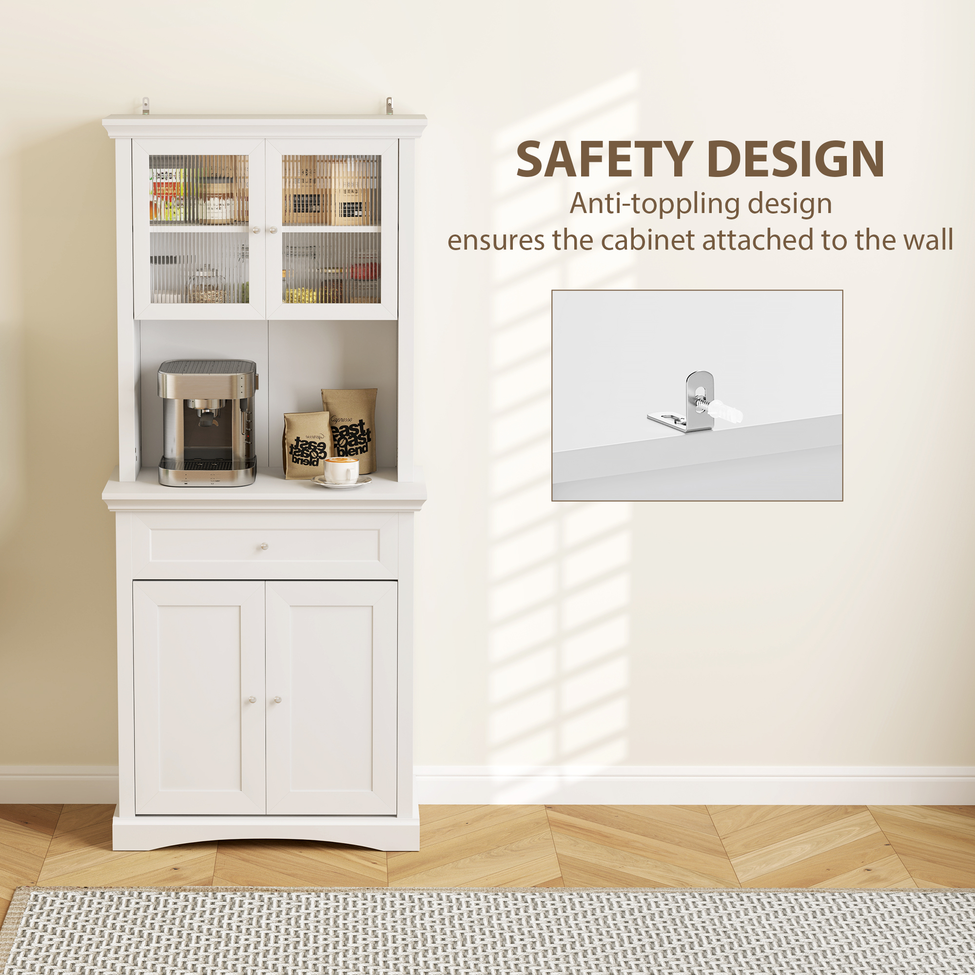HOMCOM 4-Door Kitchen Cupboard with Drawer, Freestanding Kitchen Cabinet with Glass Doors, Adjustable Shelves and Open Counter, White 7
