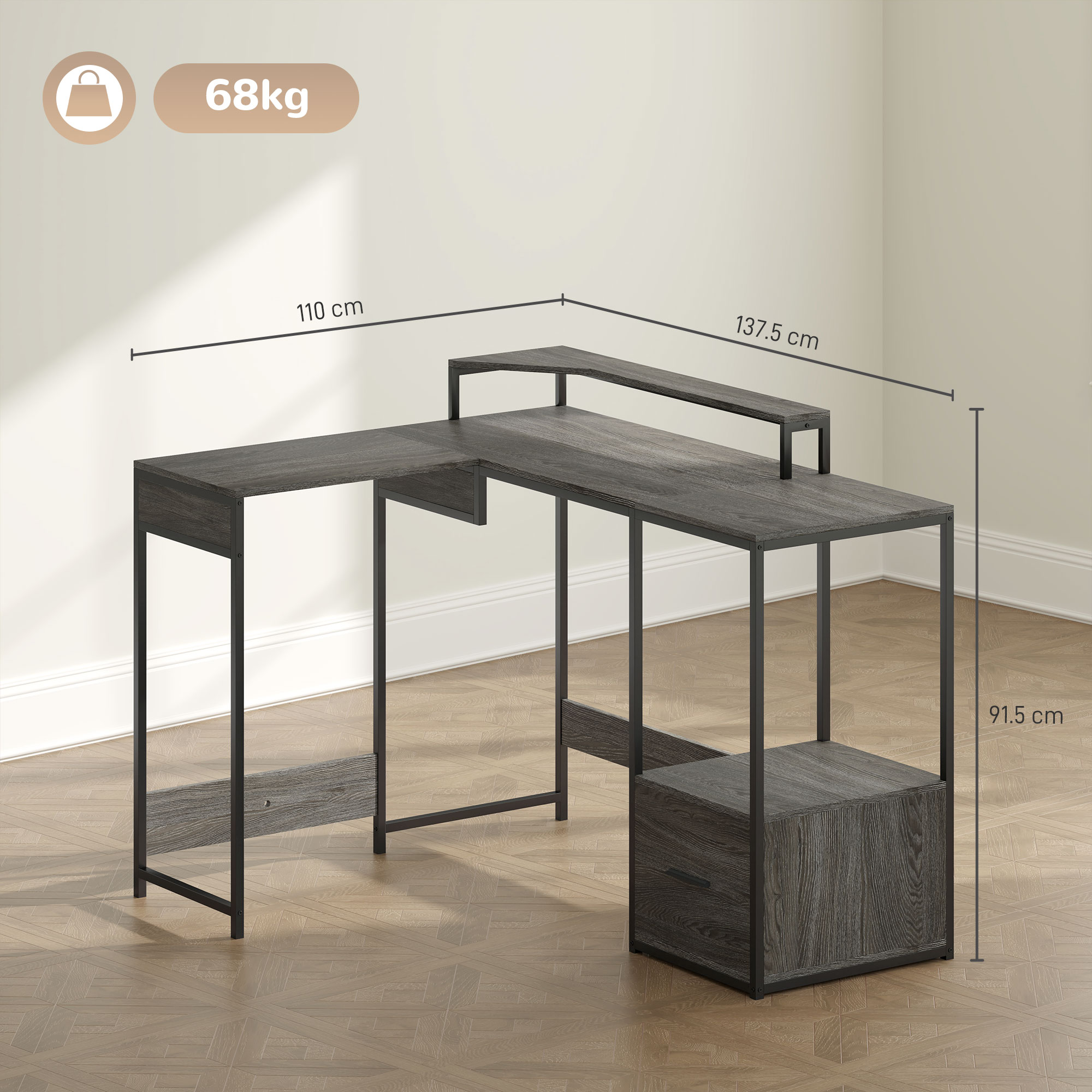 HOMCOM Industrial 'L' Shaped Multi-Work Desk Charcoal Grey 3