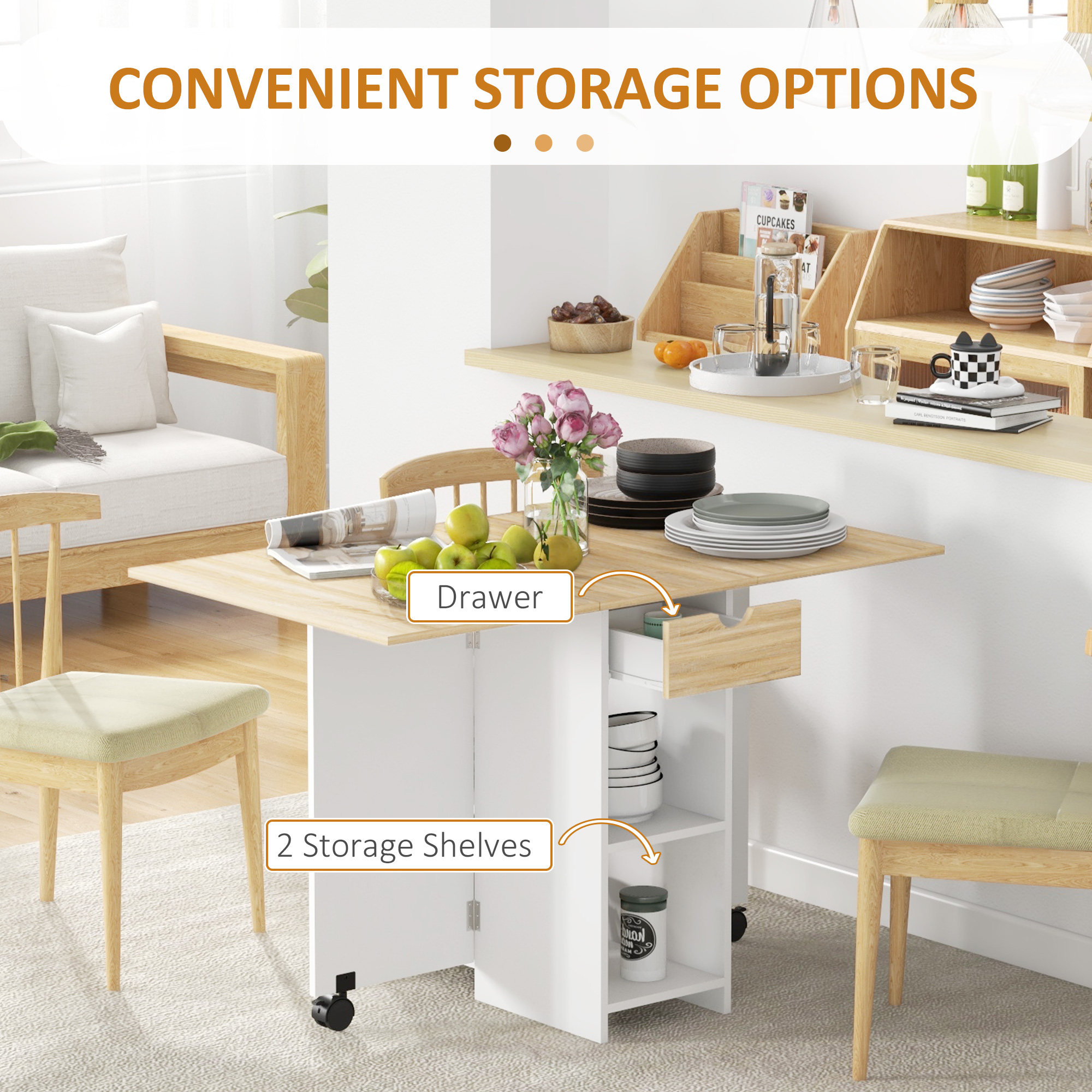 HOMCOM Folding Dining Table, Drop Leaf Table for Small Spaces, Foldable Table with Drawer and Storage Shelves for Kitchen, Dining Room, Oak 4