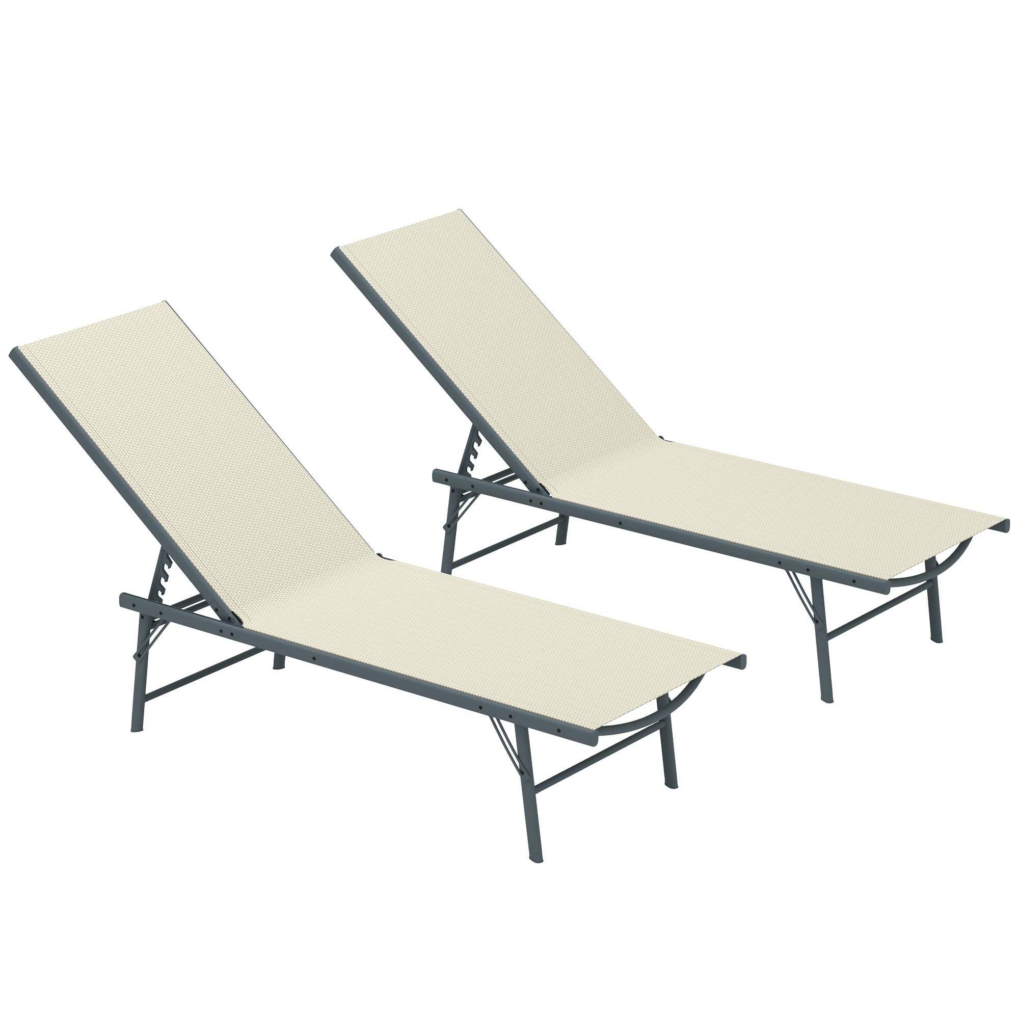 Outsunny Juego de 2 Tumbonas Plegables Reclinables en 5 Posiciones con Estructura Metálica y Asiento de Malla Transpirable Crema
