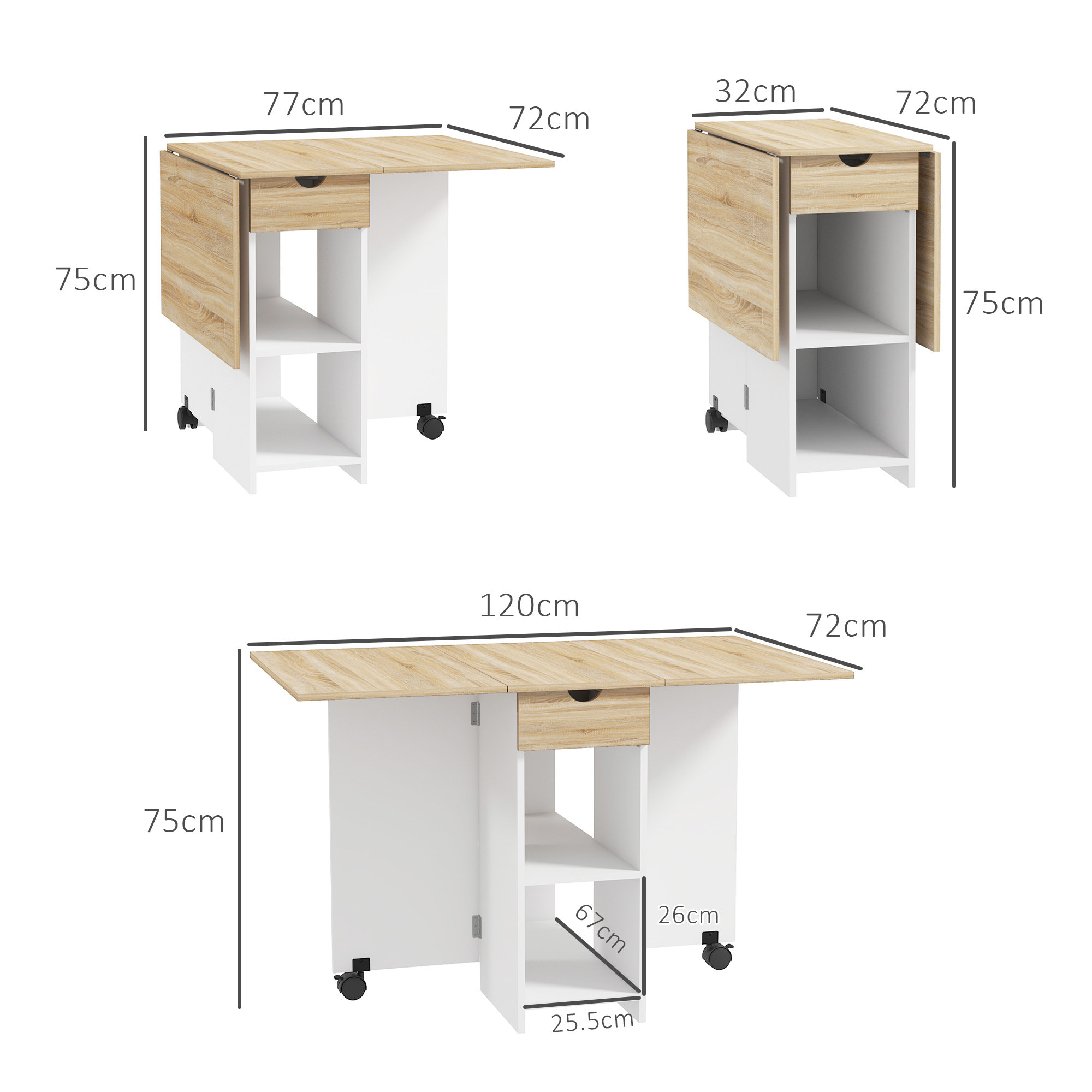 HOMCOM Folding Dining Table, Drop Leaf Table for Small Spaces, Foldable Table with Drawer and Storage Shelves for Kitchen, Dining Room, Oak 3