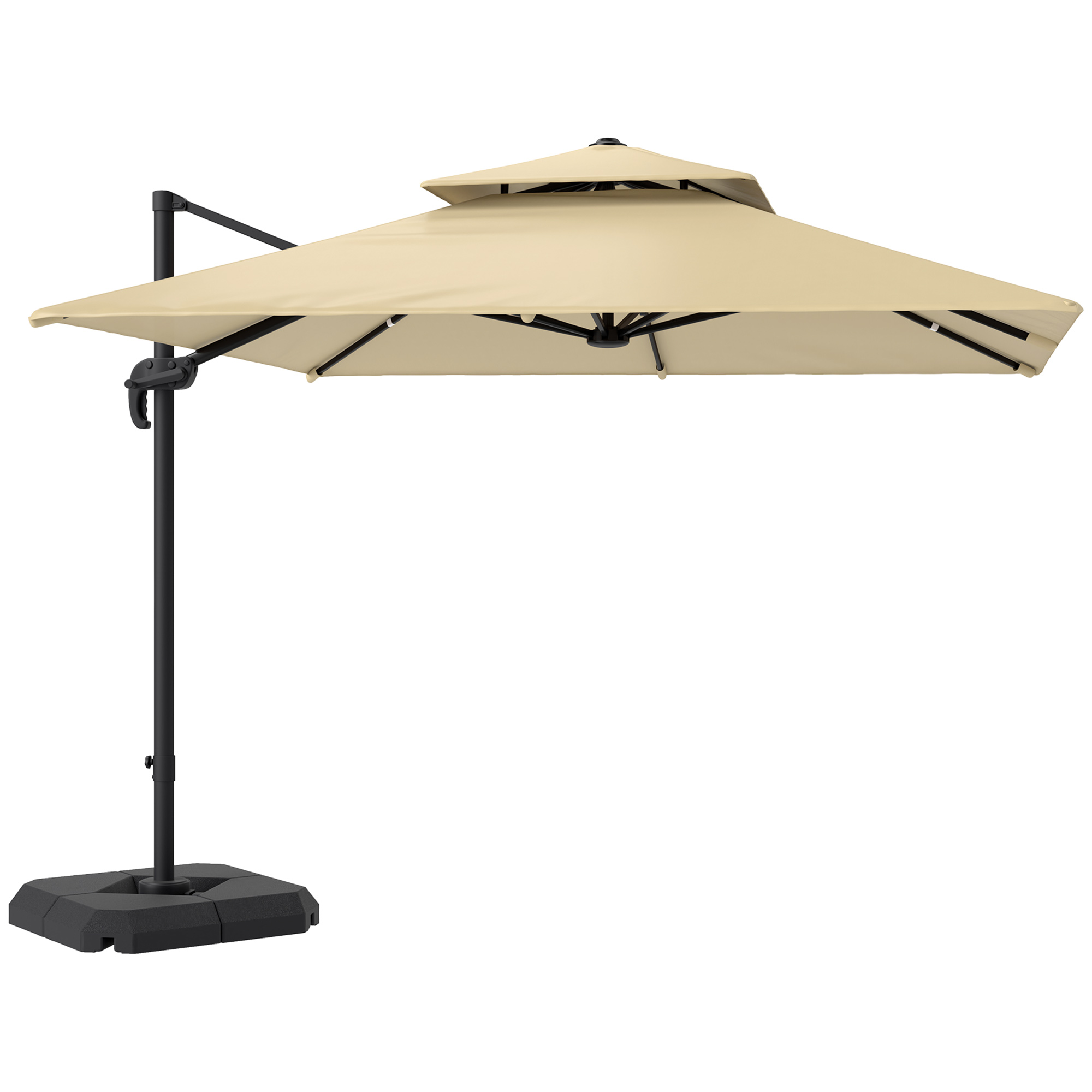 Product photograph of Outsunny 2 7 X 2 7 M Cantilever Parasol With Aluminium Frame Crank And Tilt 360 Rotation Double Top Garden Umbrella With Base And Cover Khaki from Aosom UK