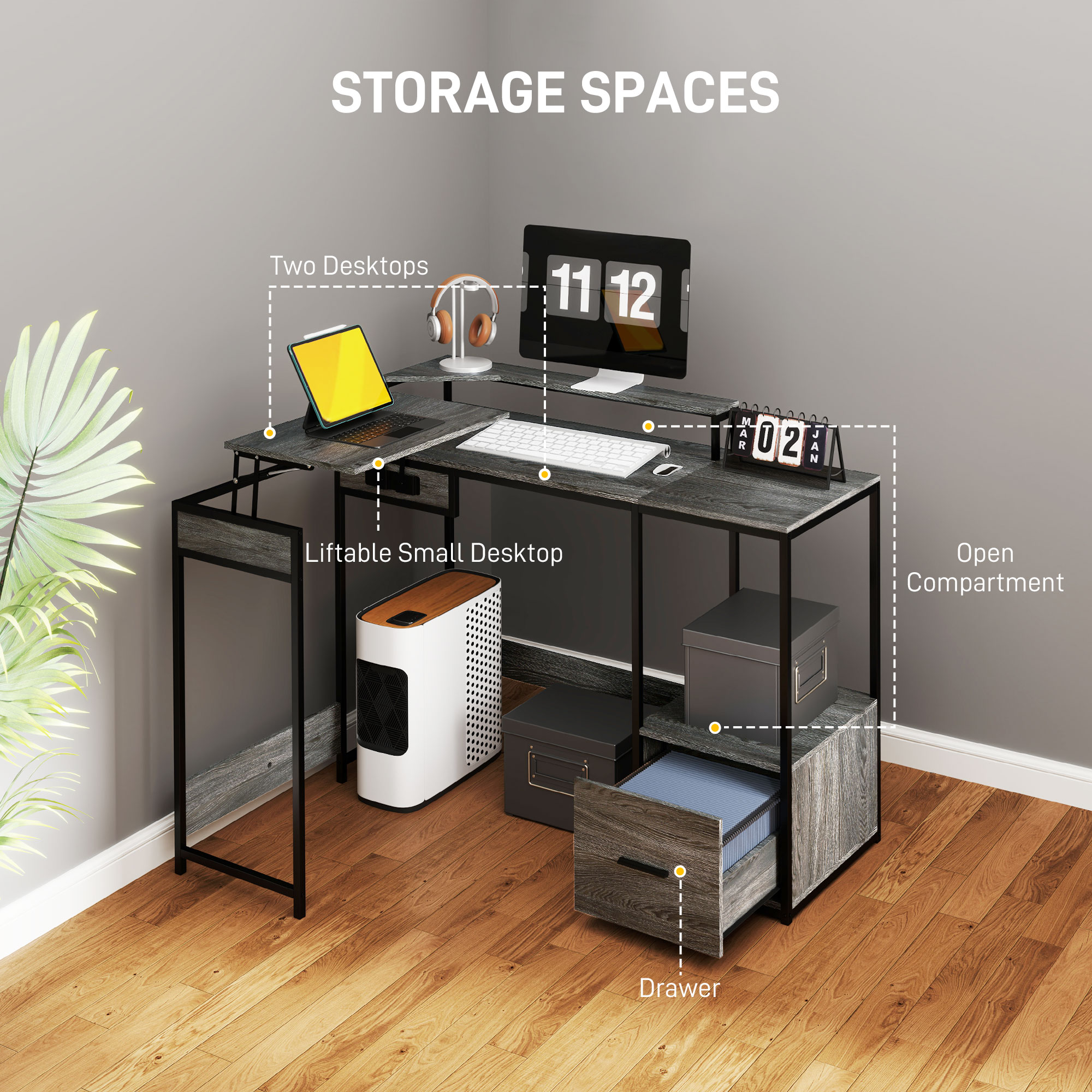 HOMCOM Industrial 'L' Shaped Multi-Work Desk Charcoal Grey 4