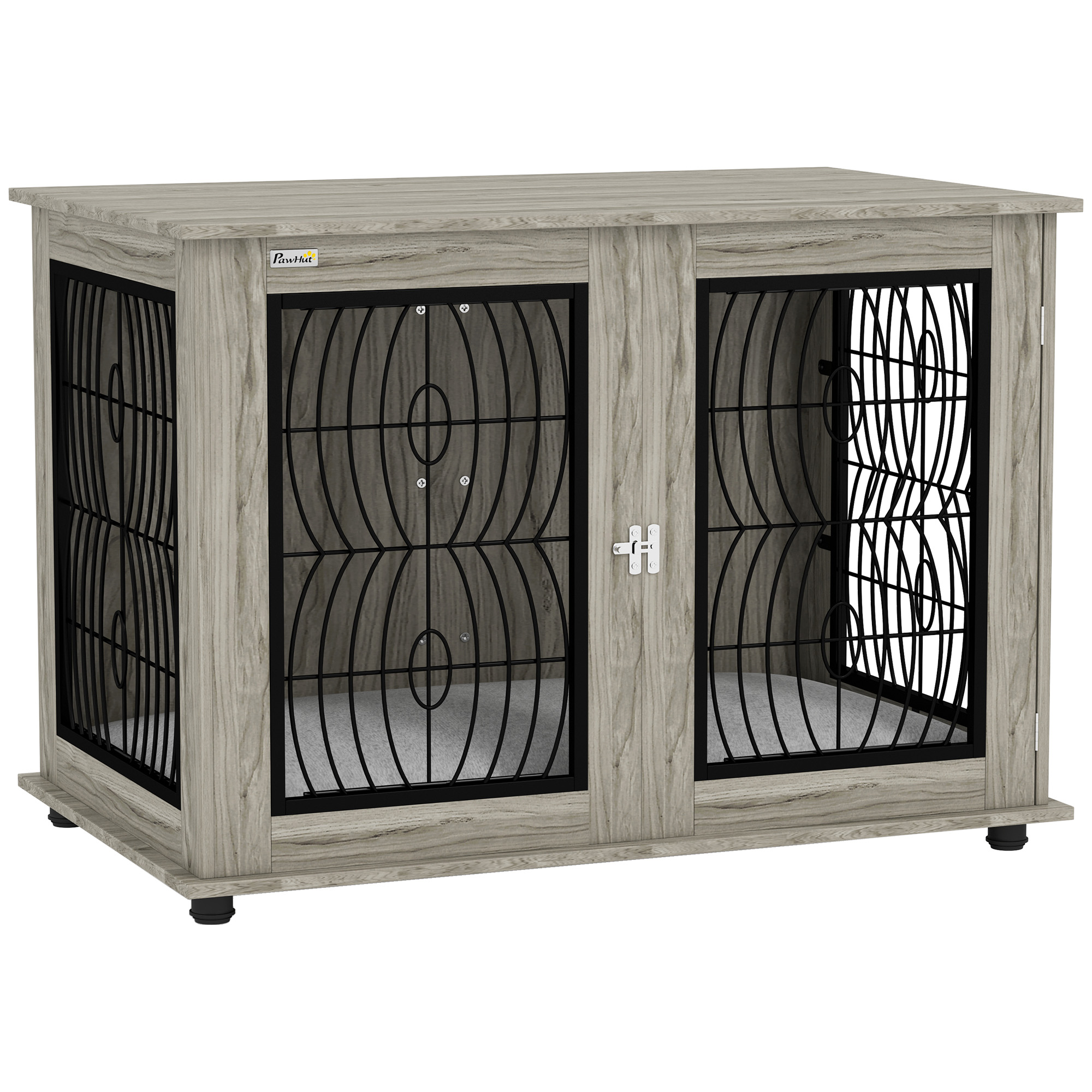 PawHut Indoor Dog Crate Furniture End Table with Soft Washable Cushion, Lockable Front Door, for Large Dogs - Grey