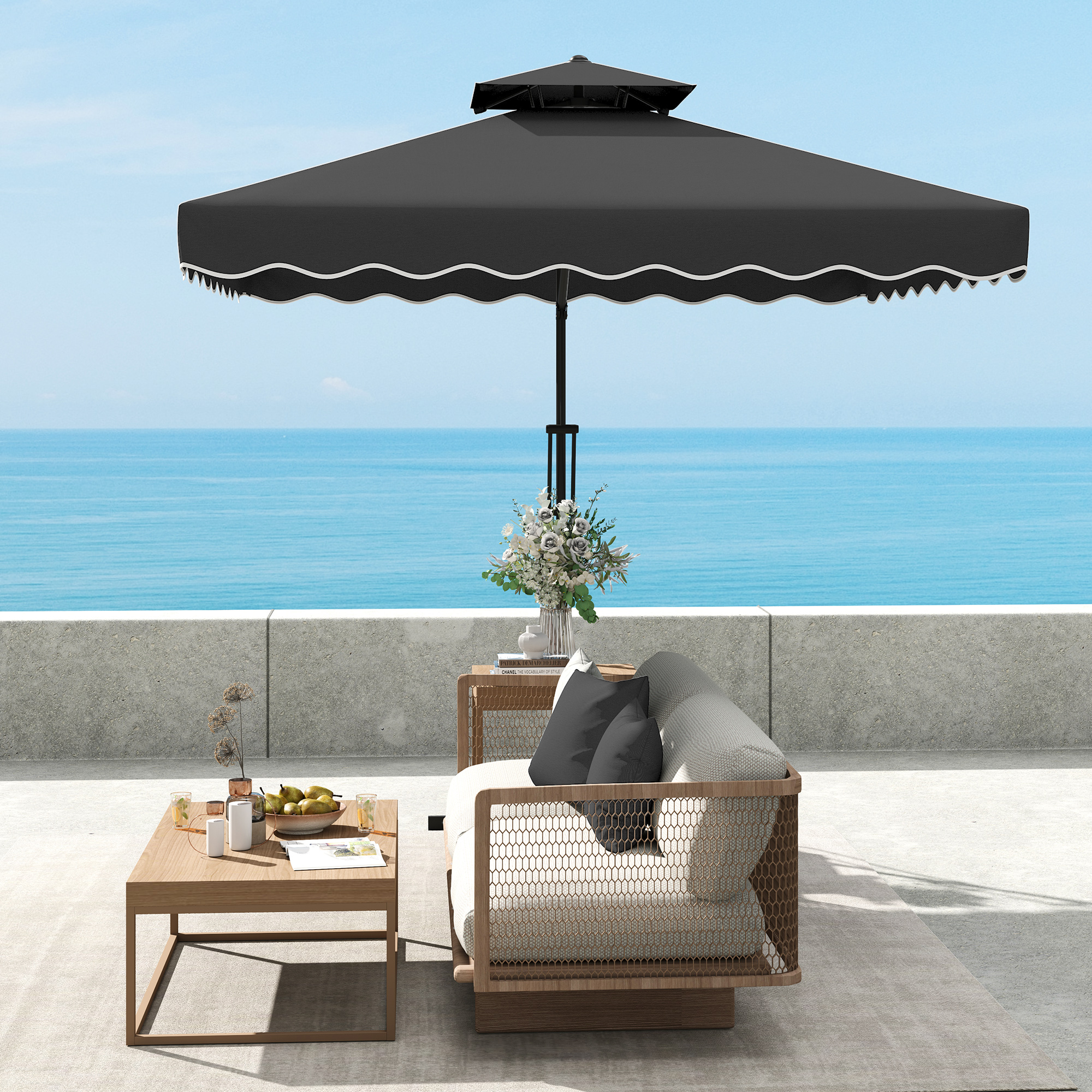 Outsunny 2.5m Cantilever Parasol with Easy Lever, Square Double Top Garden Parasol Umbrella with Ruffles and Cross Base, Overhanging Outdoor Sun Shades, Black 9