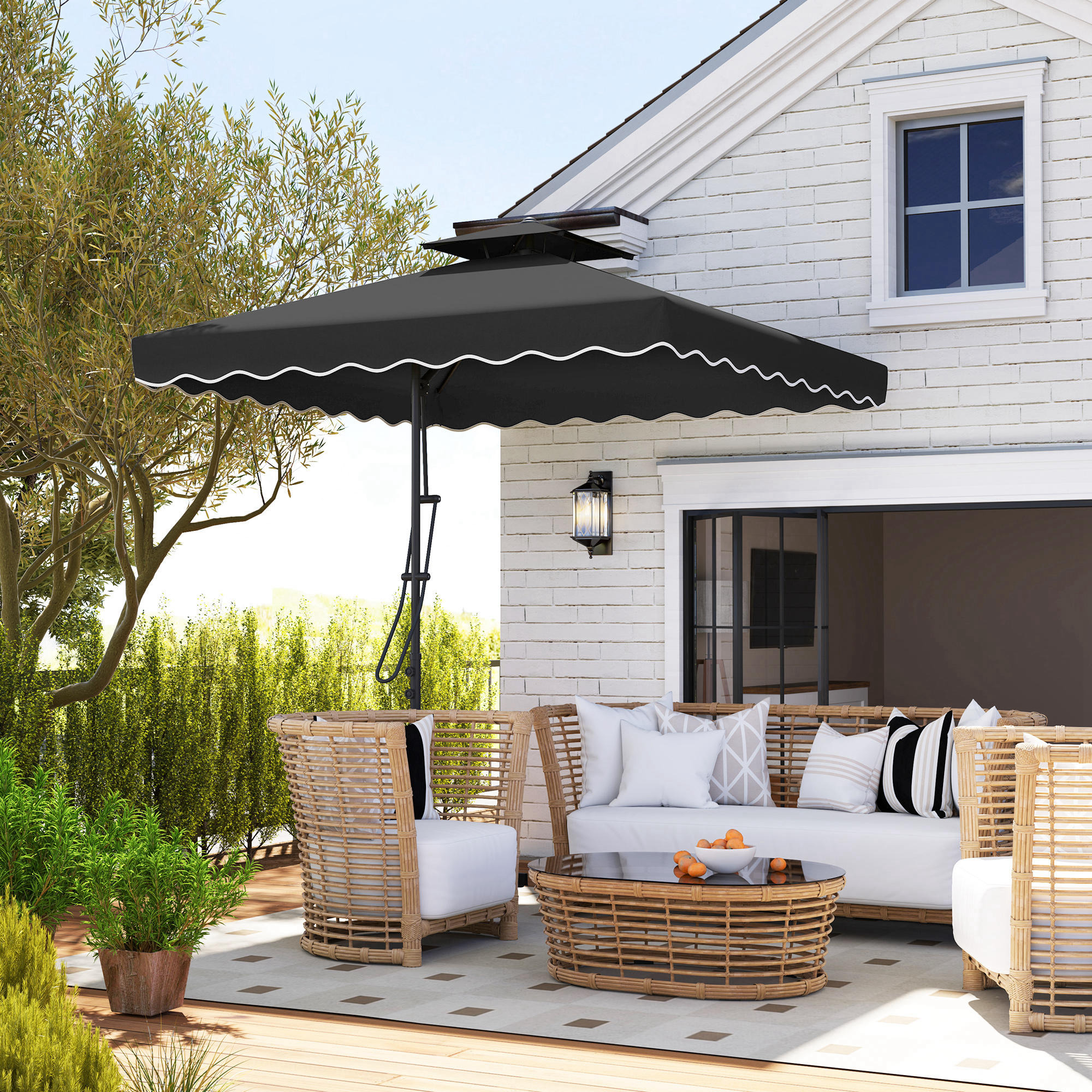 Outsunny 2.5m Cantilever Parasol with Easy Lever, Square Double Top Garden Parasol Umbrella with Ruffles and Cross Base, Overhanging Outdoor Sun Shades, Black 2