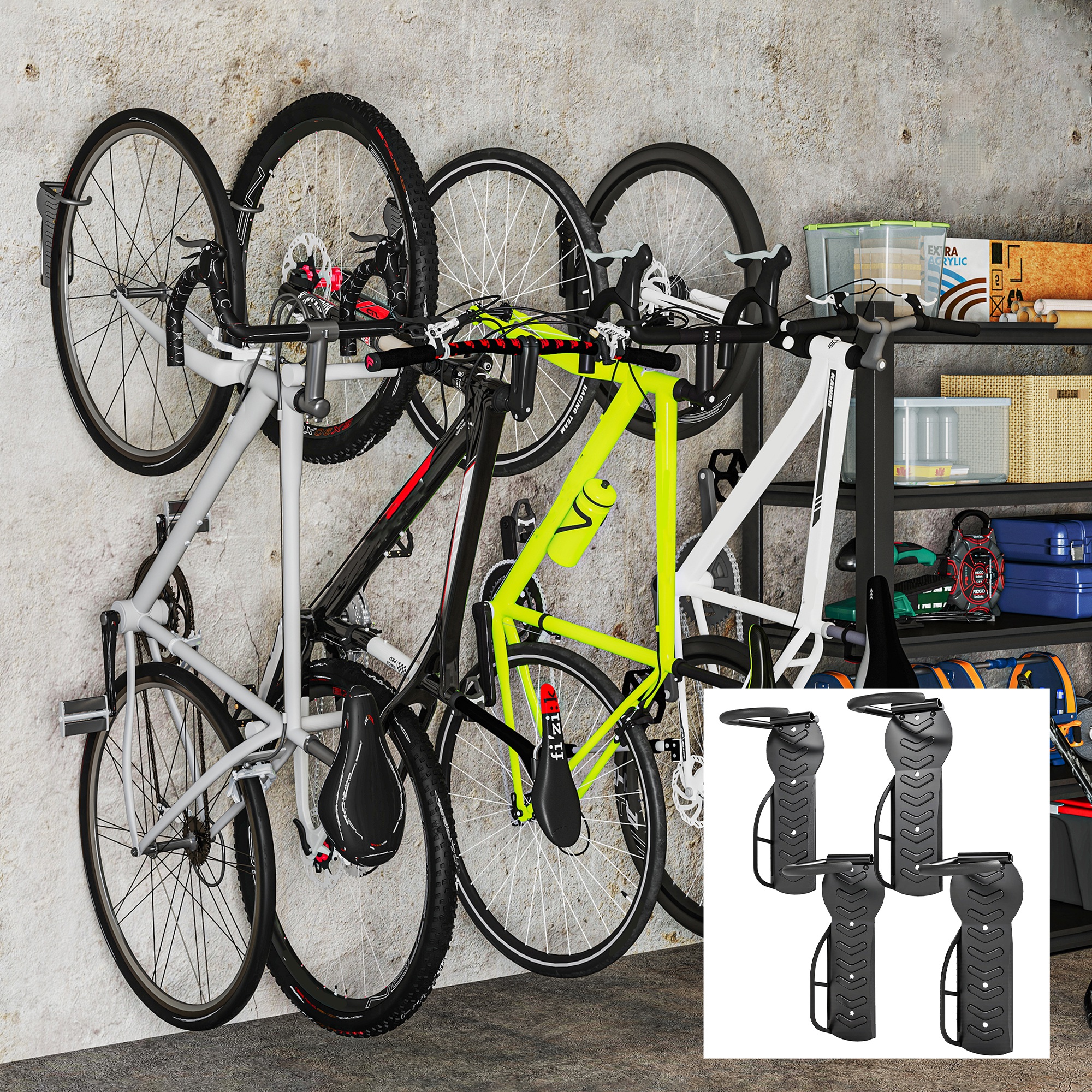 SPORTNOW 4 Pack Bike Rack, Wall Mounted Bicycle Hanger Hook, Foldable Garage Bike Wall Rack, Bicycle Storage Holder for Indoor Outdoor Use 2