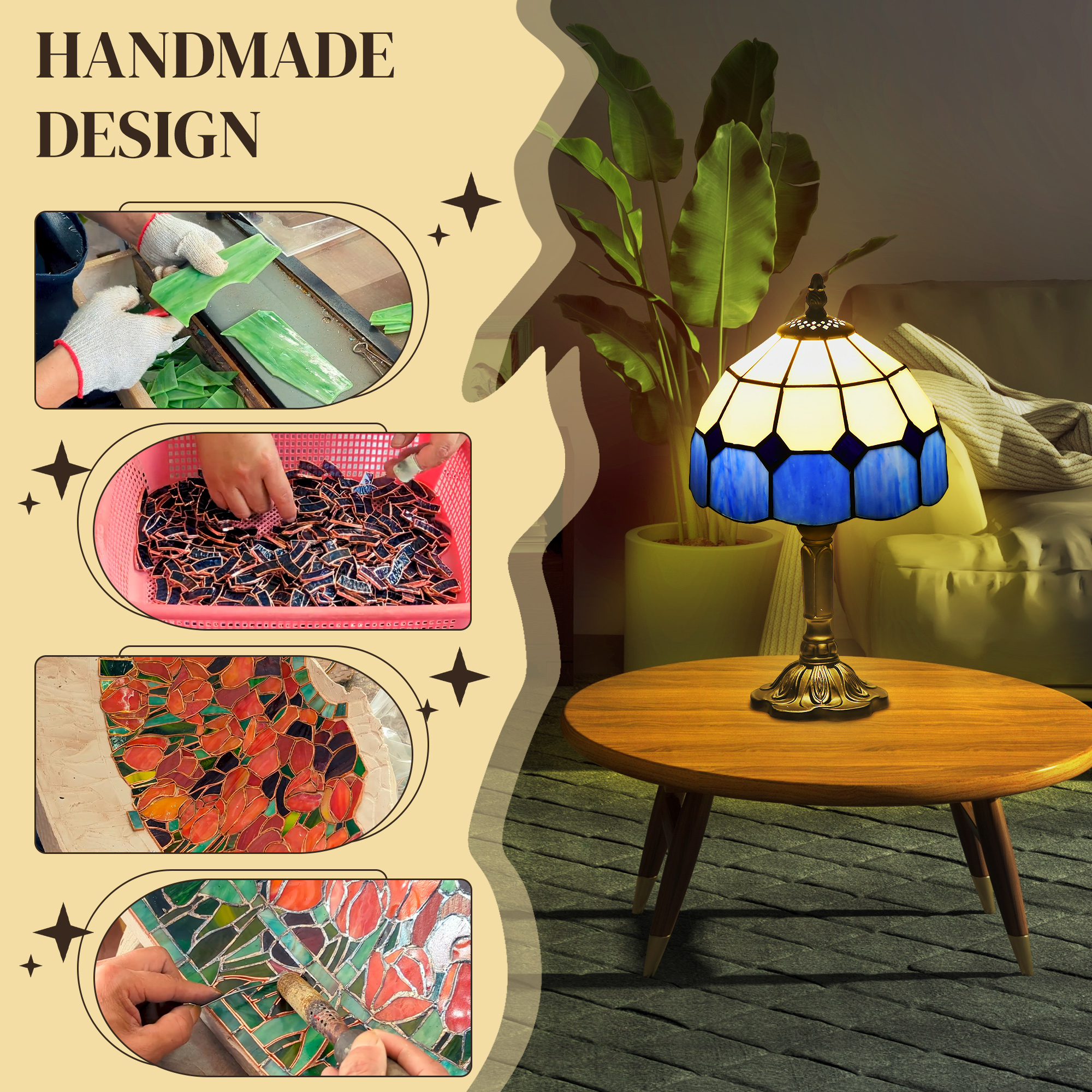 HOMCOM Handmade Stained Glass Table Lamp, Antique Bedside Lamp for Bedroom, Living room, Home, Nightstand, Decorative Night Light, Blue 4